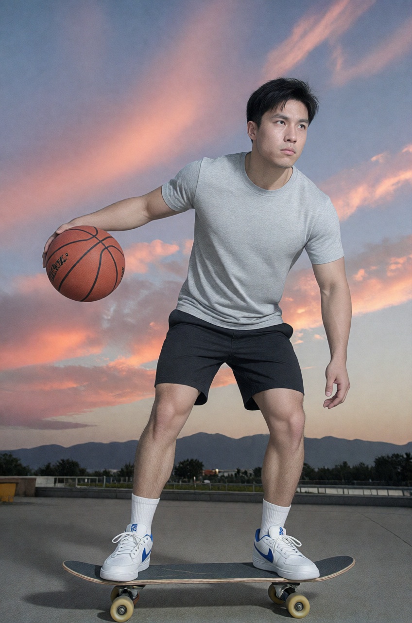 Close-up of a muscular man in a casual outfit,  standing on a skateboard under a backdrop of vibrant sunset clouds,  holdi...