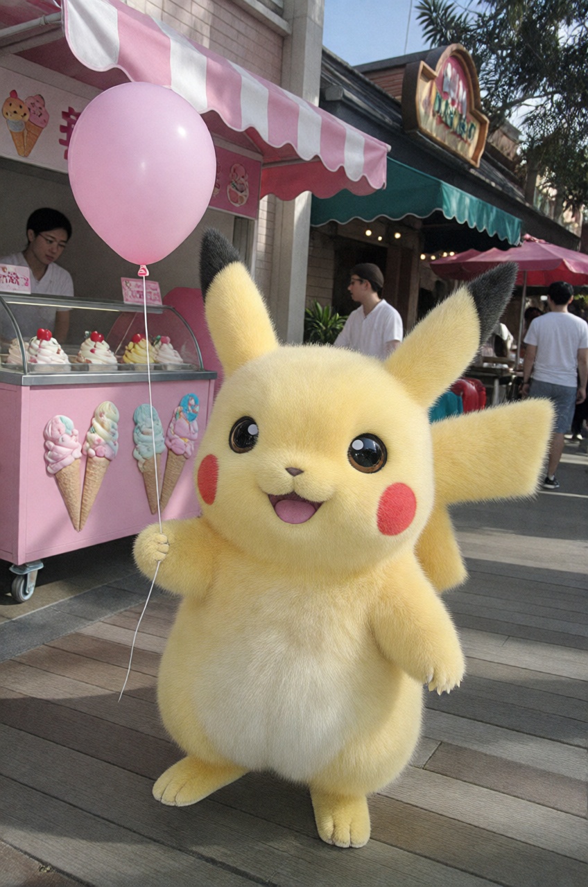 a fluffy live action pikachu walks at a walkway,  holds a balloon. pink ice cream stall on Tensor.Art