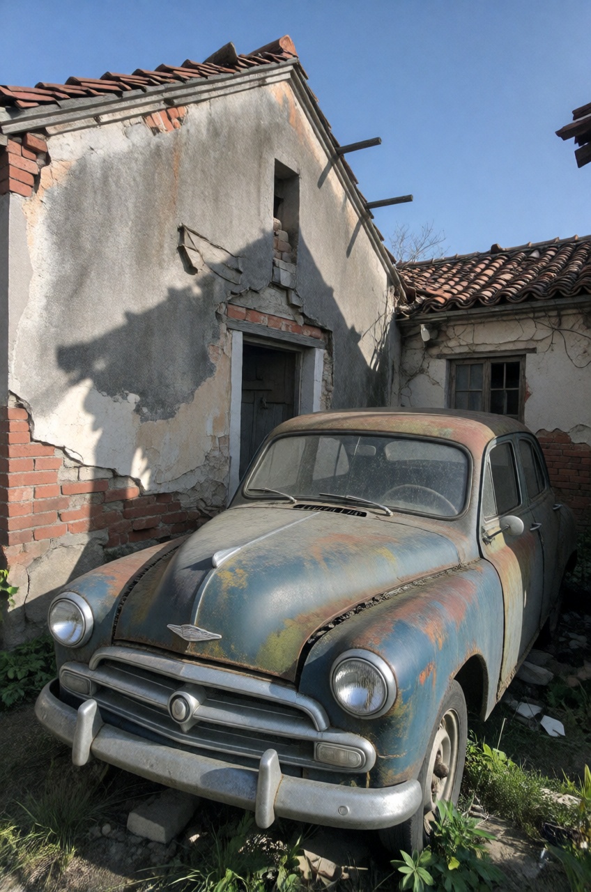 weathered,  dusty broken vintage car obscure by a darkshadow of teh wethered ruins of an old building,  hard shadow on Ten...