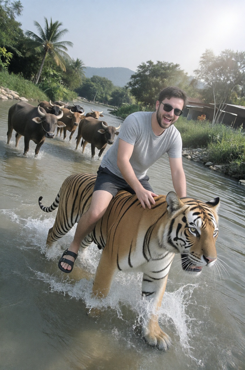 man riding a large tiger on shallow river,  a group of buffallo behind them. splash at the foreground,  candid on Tensor.Art