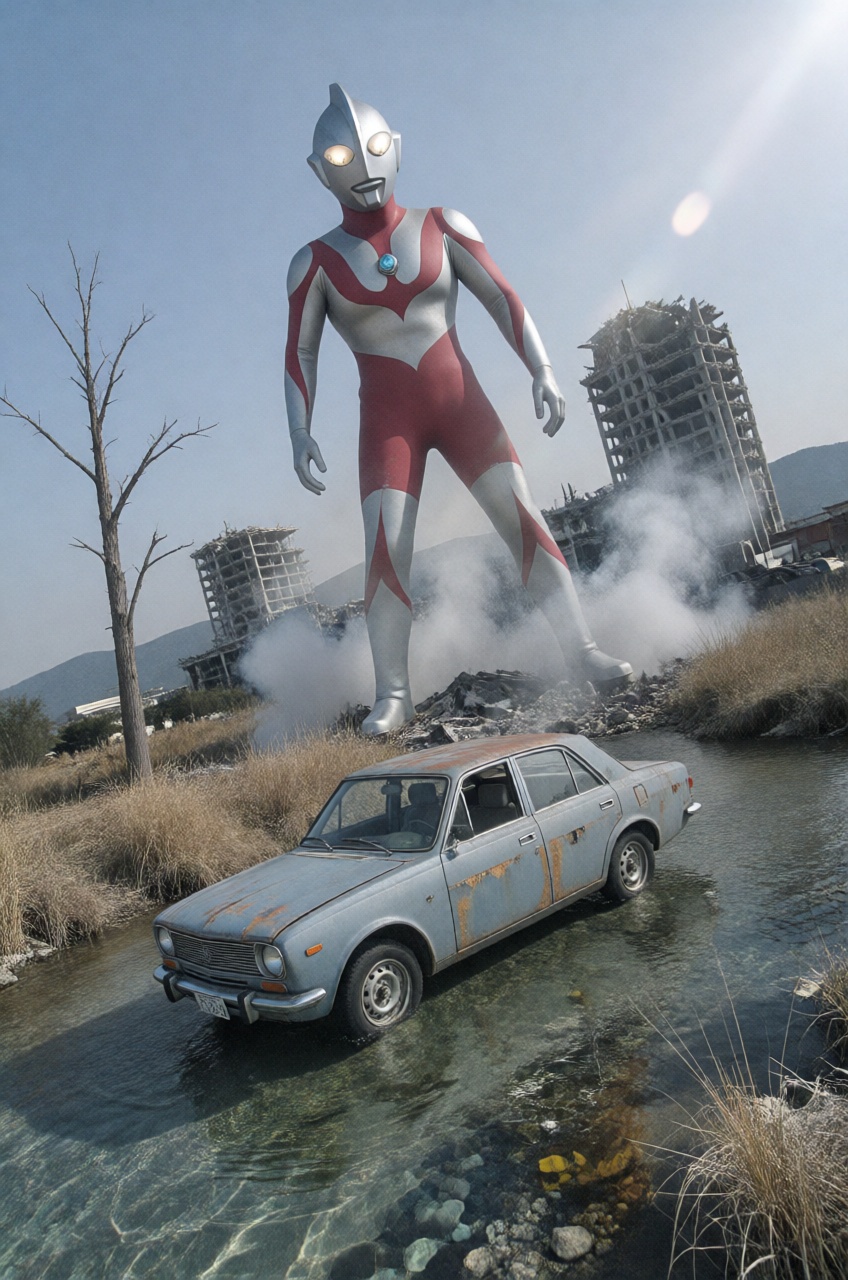 colossal Ultraman loom behind the smoke,  post apocalypse,  weathered vintage car on the shallow crystal clear river on Te...