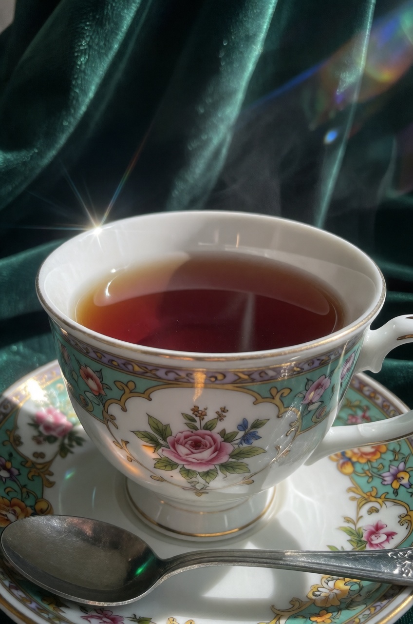 A low-angle macro view focuses closely on an ornate porcelain teacup filled with dark amber tea. Dramatic side lighting fr...