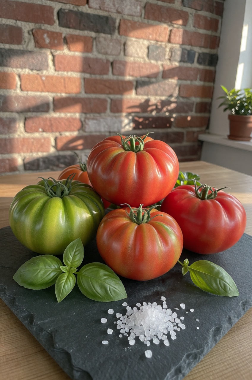 An eye-level straight-on perspective frames an arrangement of ripe heirloom tomatoes and fresh basil on a slate board. Gol...
