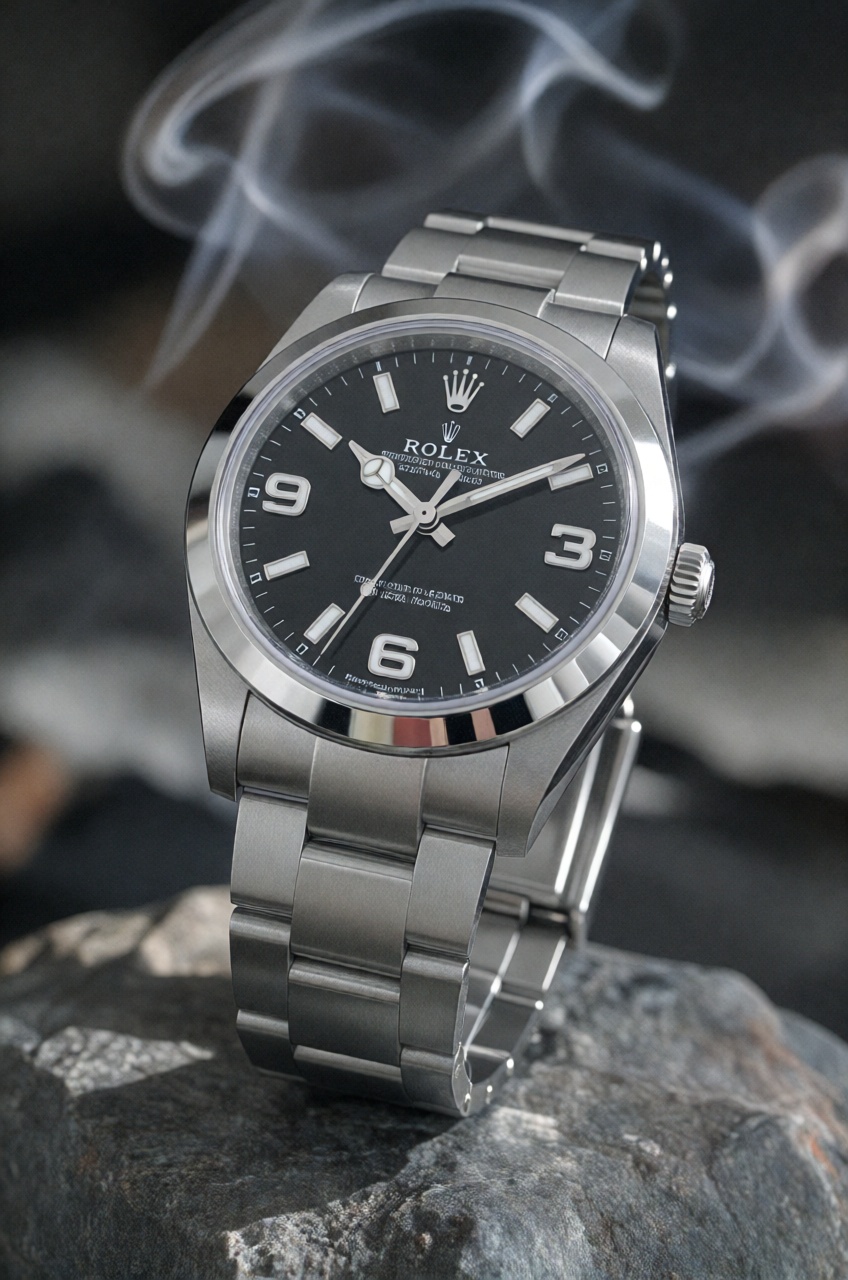 A Rolex watch with a stainless steel band is positioned slightly tilted to the right on a rock surface. The camera angle c...