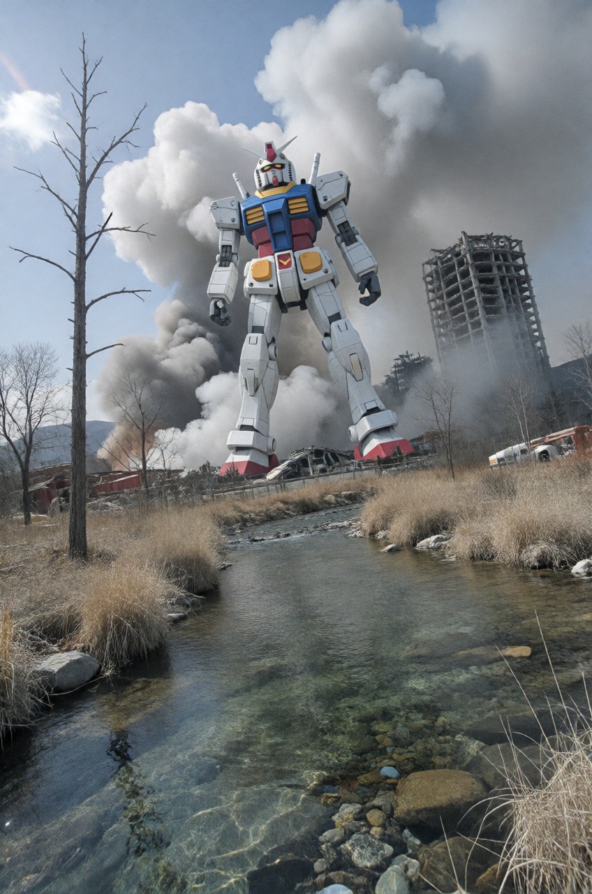 colossal Gundam loom behind the smoke,  post apocalypse,  shallow crystal clear river on Tensor.Art