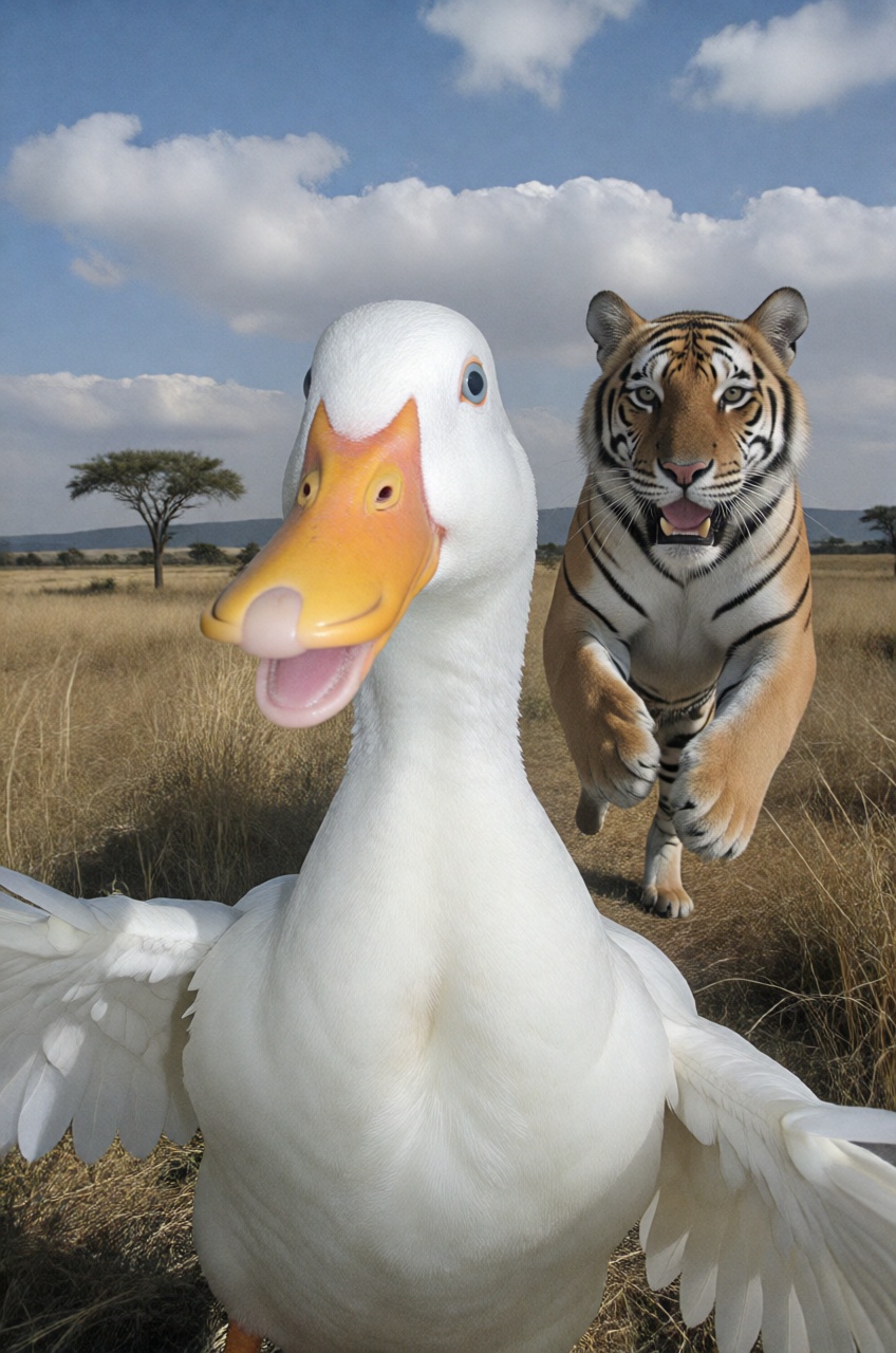a close-up shot photography captures an excited,  wide-eyed domestic white duck as the primary non-human subject seemingly...
