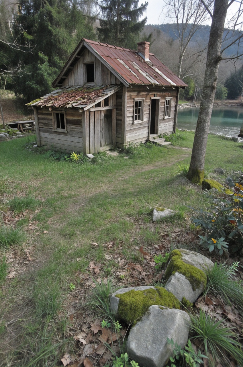 rustic,  wethered abandoned house near lake,  greeny grass dry leaves on the ground on Tensor.Art