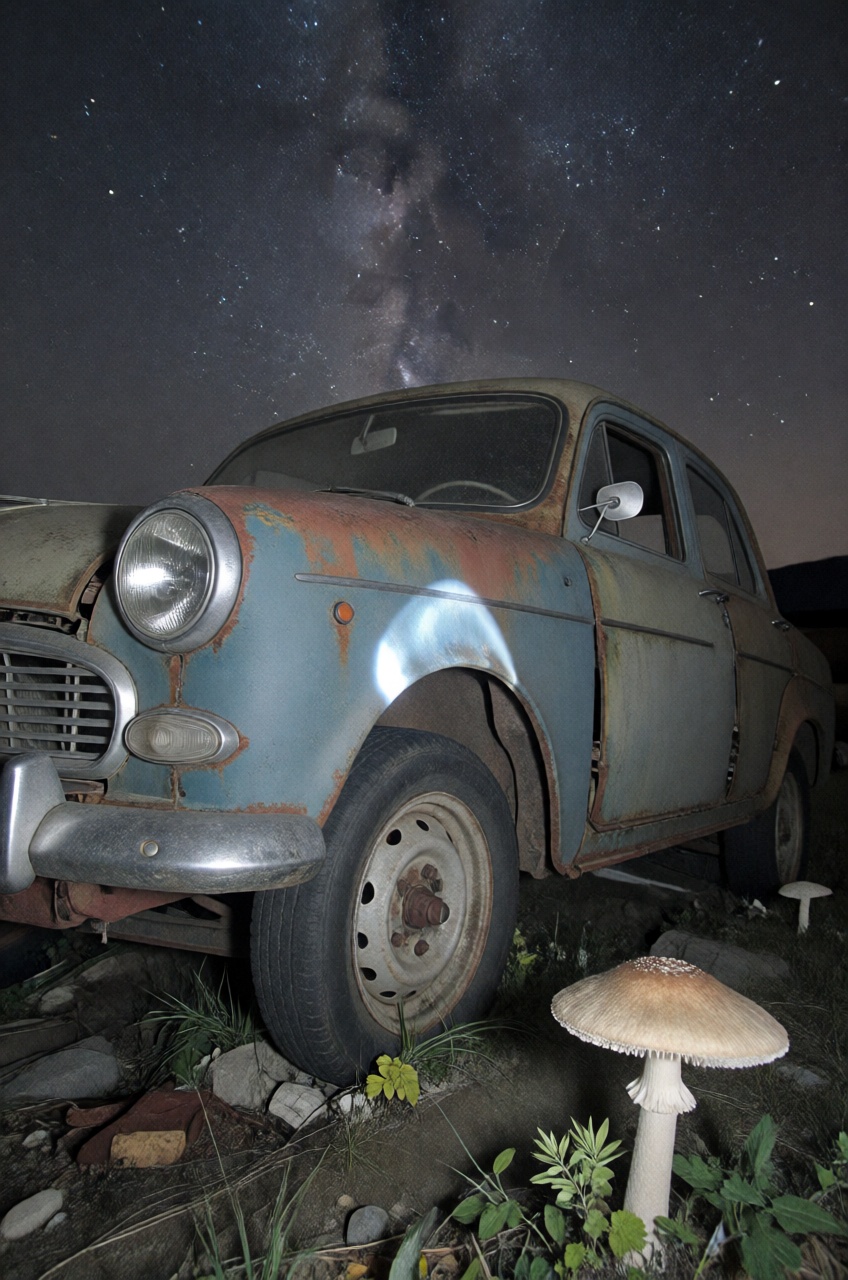 low angle,  abandoned vintage car with flat tires,  lit by a flashlight on Tensor.Art
