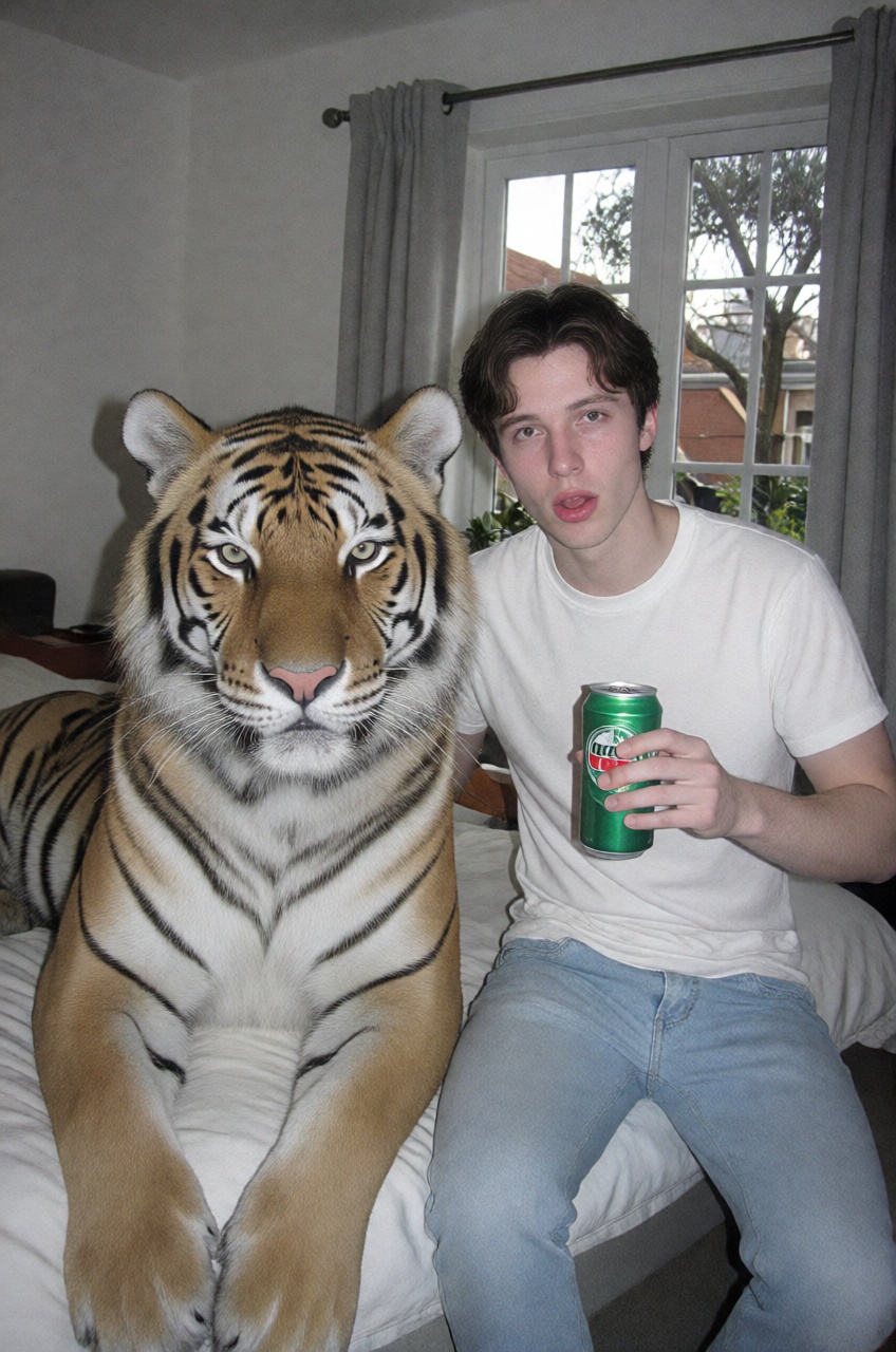 tiger and a young man,  candid ,  casual attire on Tensor.Art