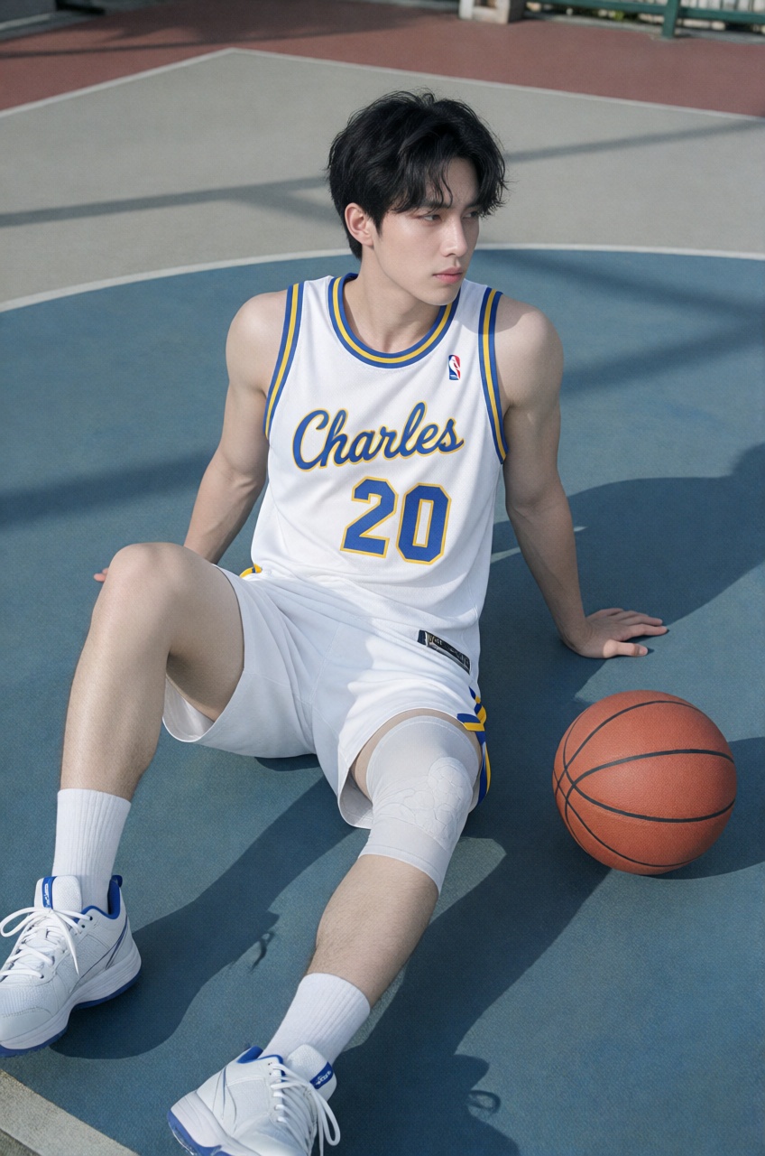 a full-length portrait photography of a muscular man resting on an outdoor concrete basketball court with a leather basket...