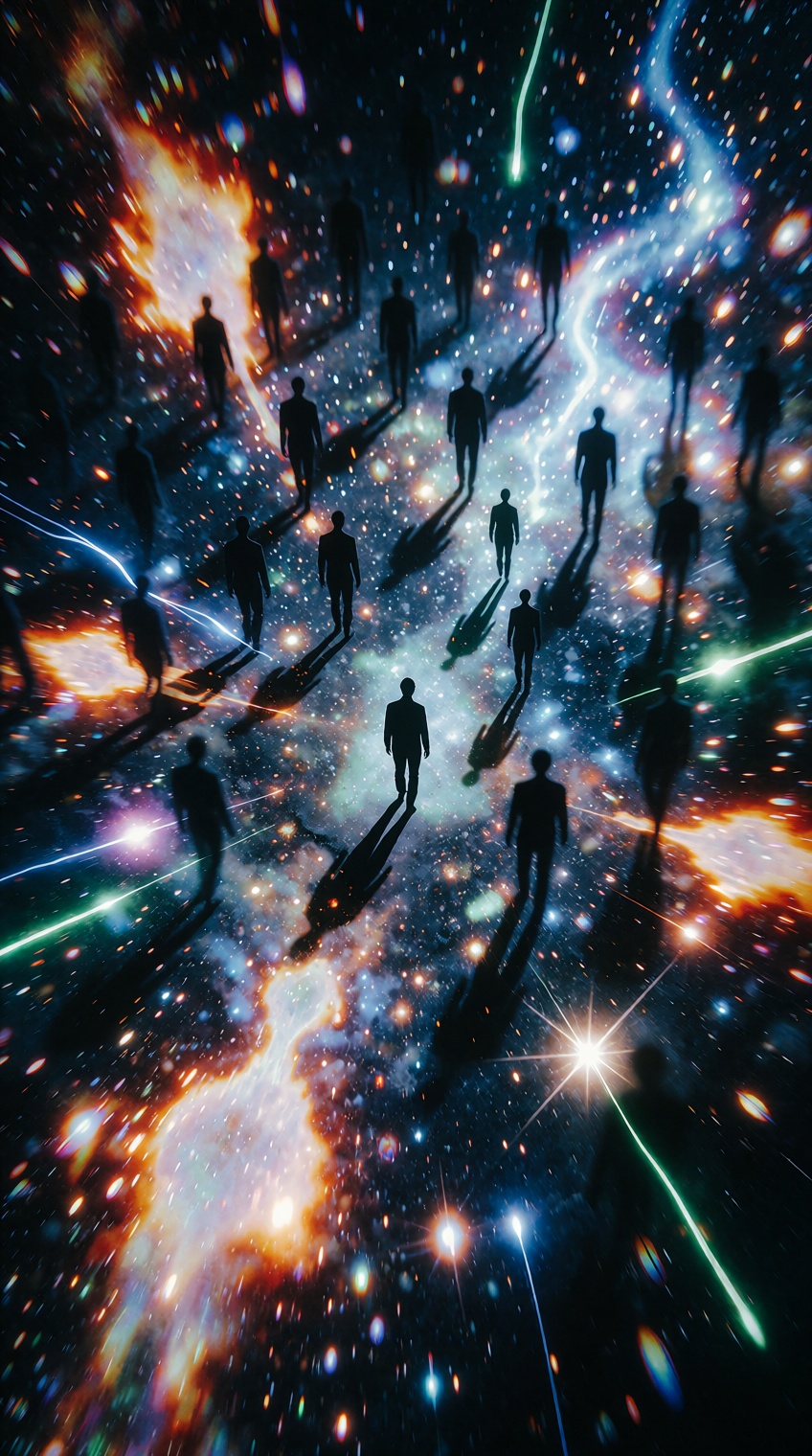 A surreal digital artwork depicts a solitary dark silhouette of a person in a suit walking centrally through an abstract c...