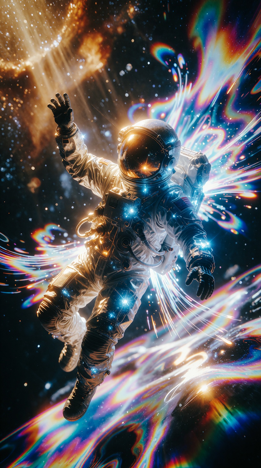 A surreal sci-fi digital illustration features an astronaut floating weightlessly in a diagonal orientation across a warm,...