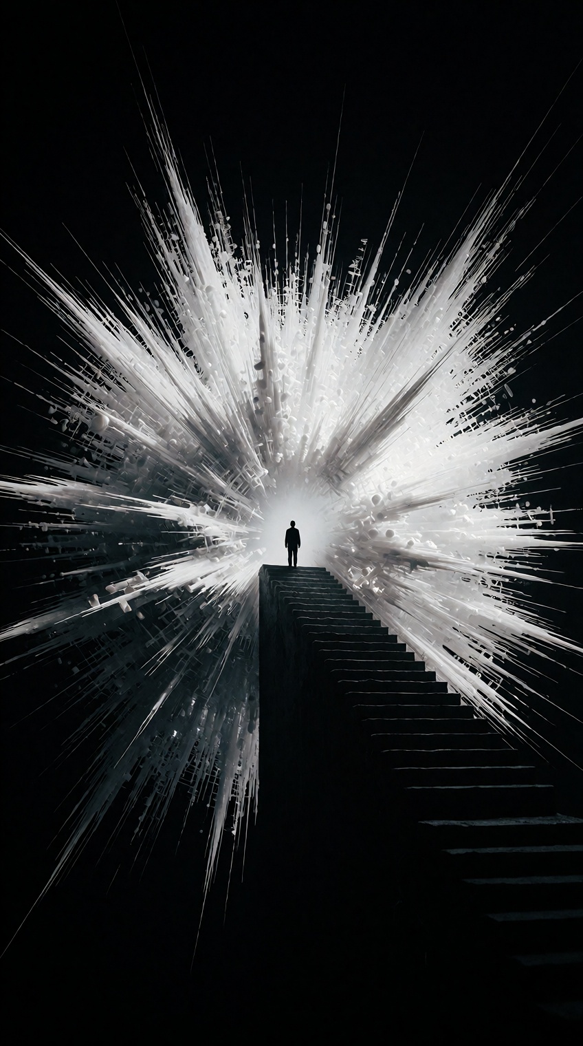 A tiny black silhouette of a solitary figure stands near the top of a long,  straight staircase that ascends diagonally fr...