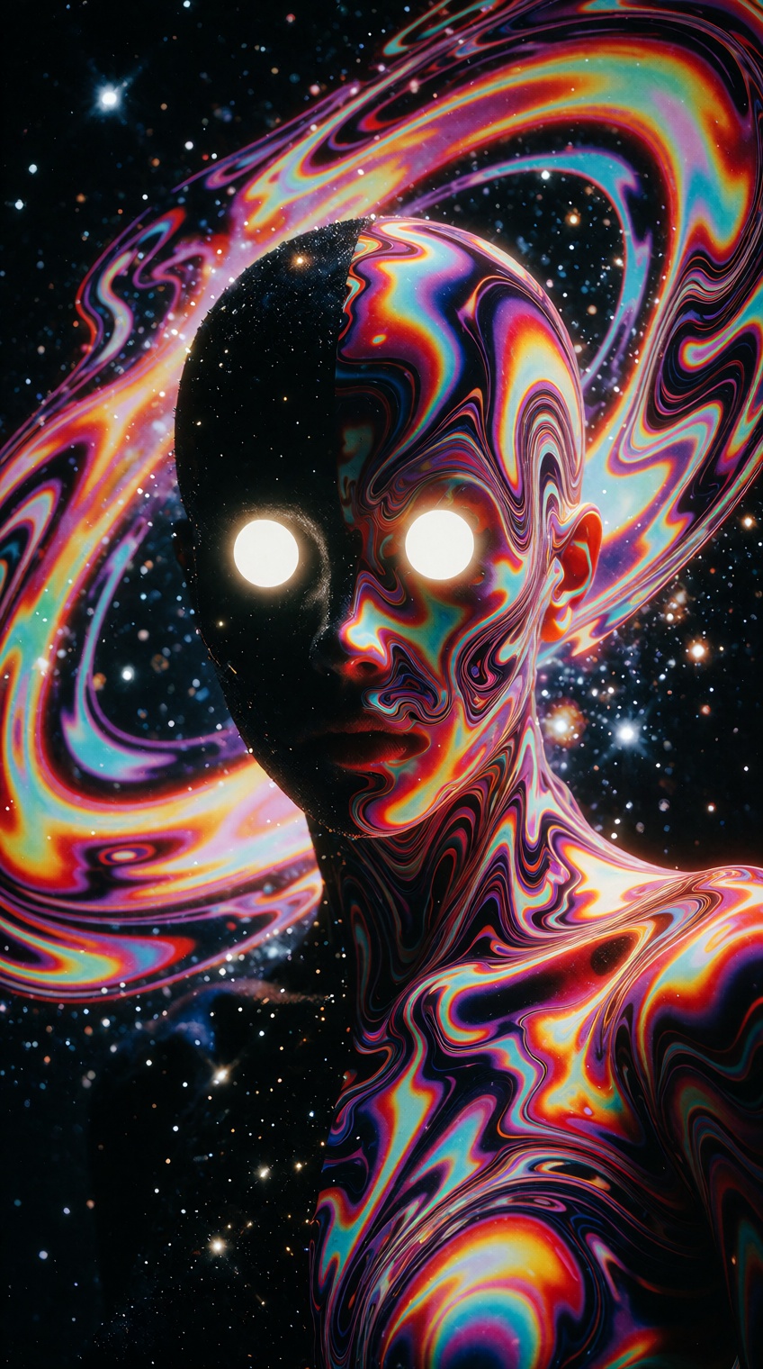 A psychedelic digital artwork depicts a humanoid shadow figure featuring two intensely glowing white circular eyes against...