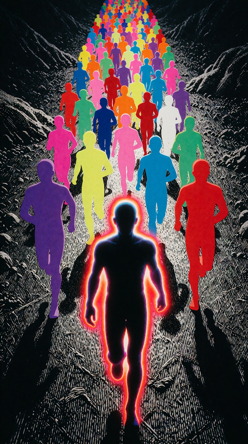 A graphic illustration depicts a vast crowd of colorful,  faceless humanoid figures running along a textured pathway towar...