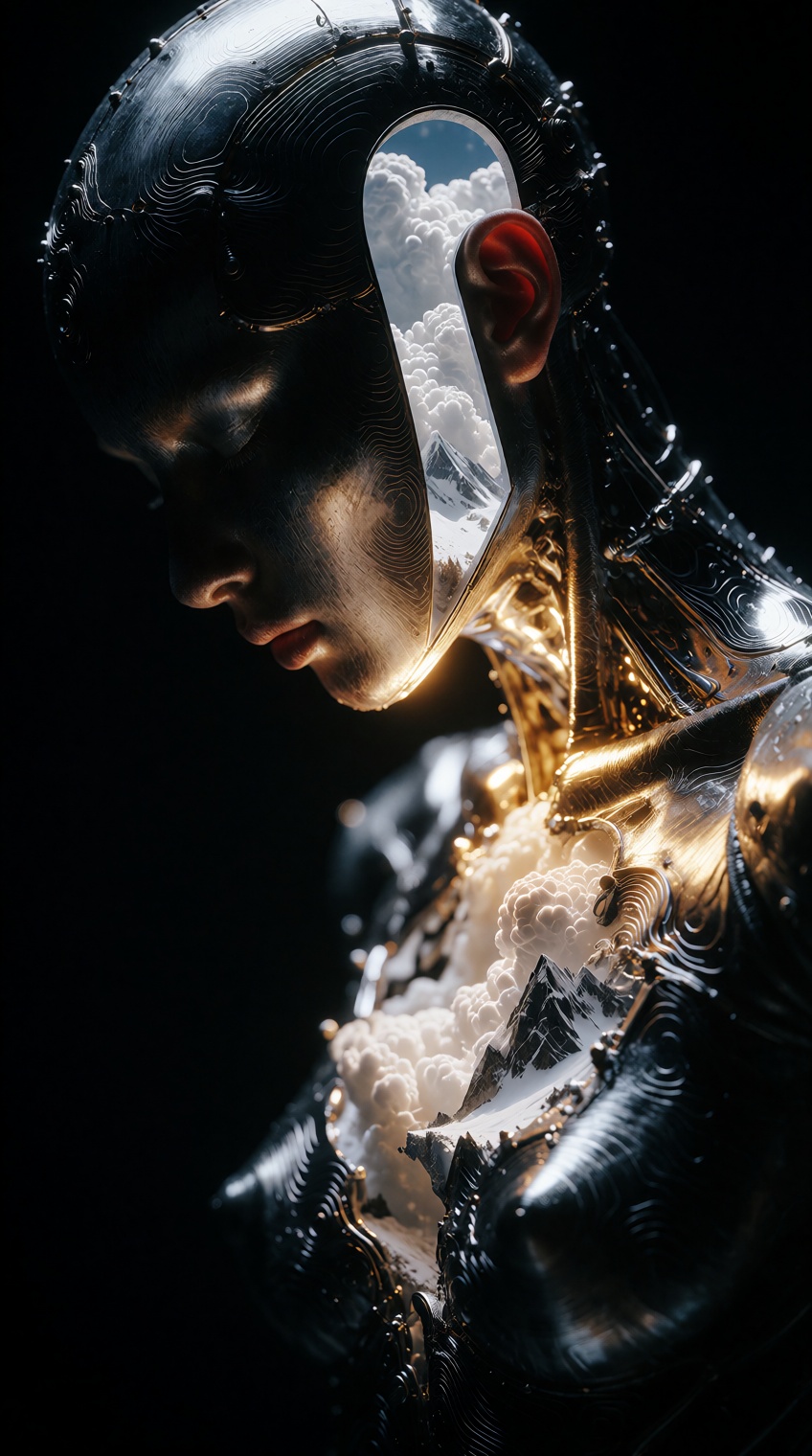 A profile shot of a dark metallic humanoid figure bowed in deep contemplation against a stark black background. The outer...