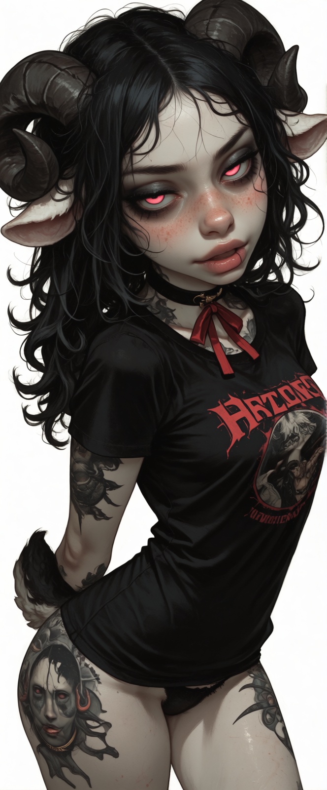 @Mirabelle a young anthropomorphic sheep woman with thick lush black curly hair,  large alluring pink eyes,  pale skin cov...