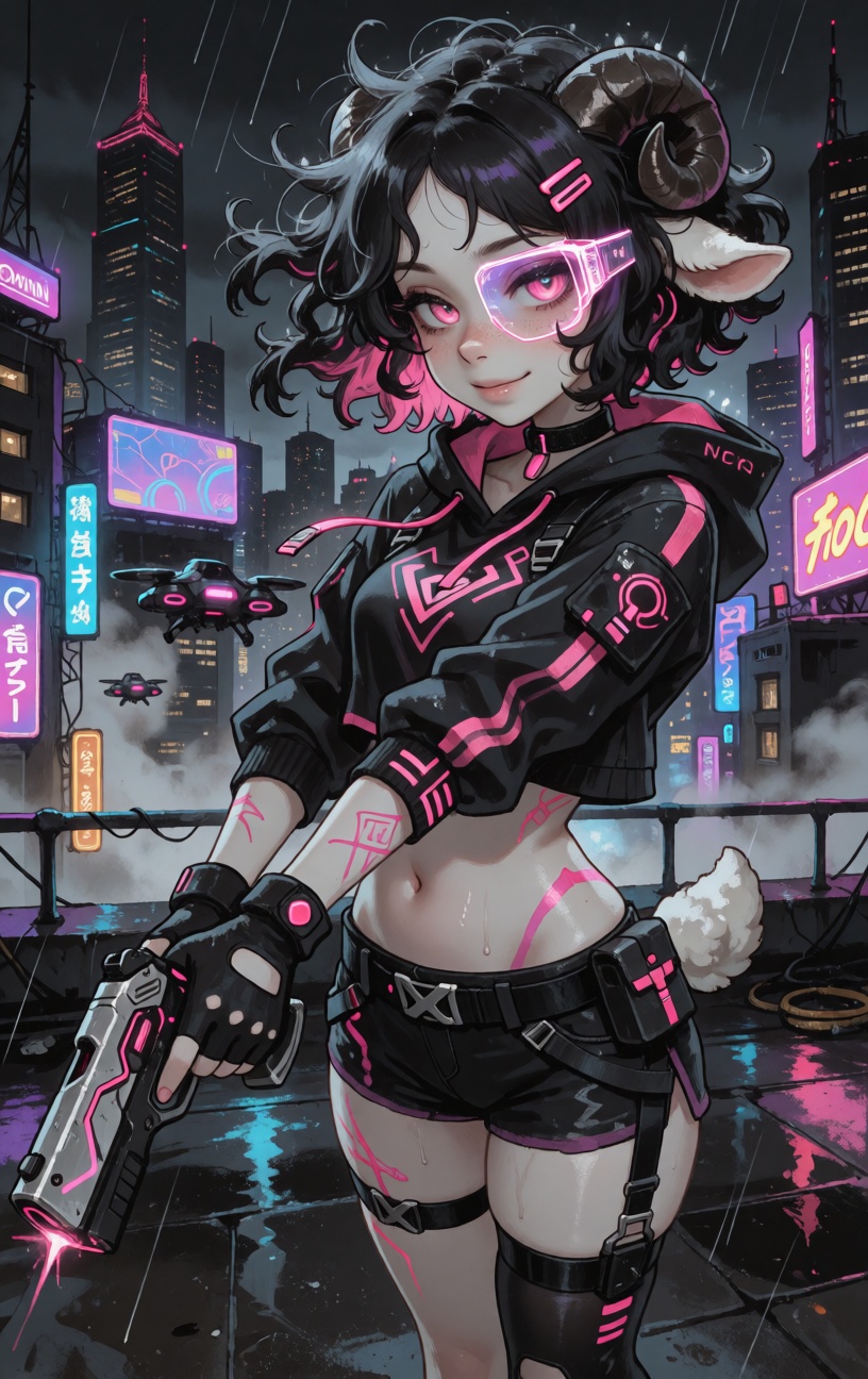@Mirabelle a young anthropomorphic sheep woman with thick lush black curly hair,  large alluring pink eyes,  pale skin cov...