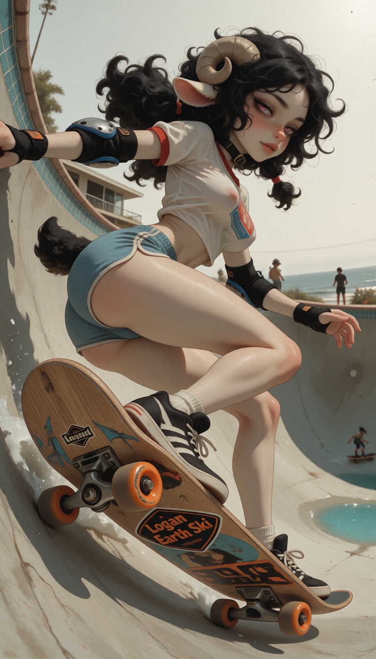 @Mirabelle a young anthropomorphic sheep woman with thick lush black curly hair,  2 low short ponytails,  large alluring p...