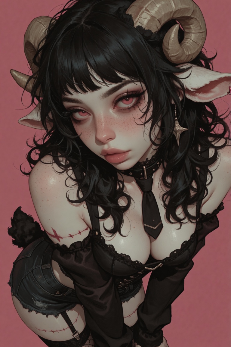 @Mirabelle a young anthropomorphic sheep woman with thick lush black curly hair,  large alluring pink eyes,  pale skin cov...
