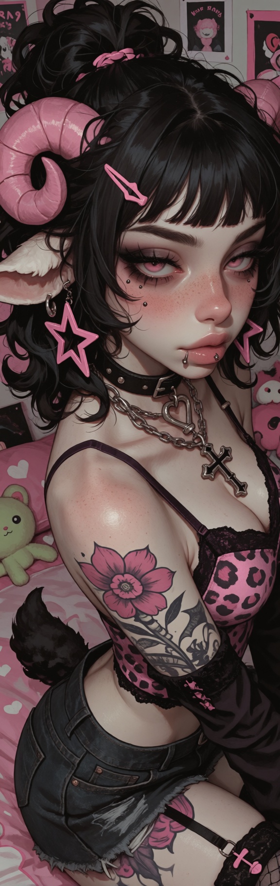 @Mirabelle a young anthropomorphic sheep woman with thick lush black curly hair,  large alluring pink eyes,  pale skin cov...