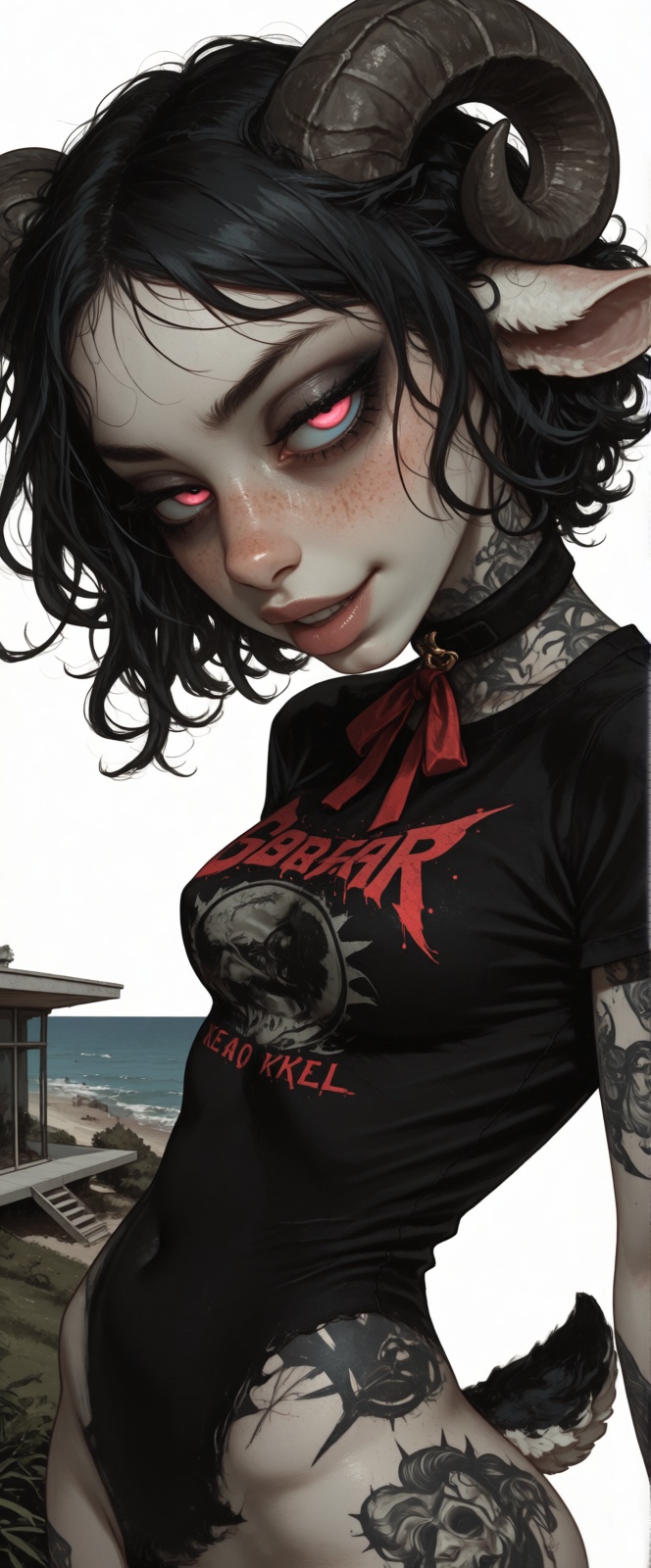 @Mirabelle a young anthropomorphic sheep woman with thick lush black curly hair,  large alluring pink eyes,  pale skin cov...