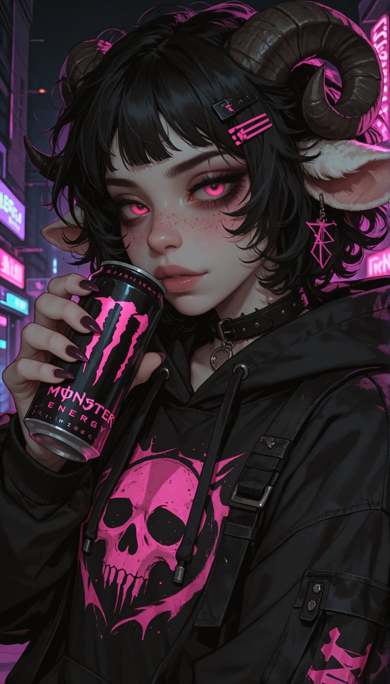 @Mirabelle a young anthropomorphic sheep woman with thick lush black curly hair,  large alluring pink eyes,  pale skin cov...