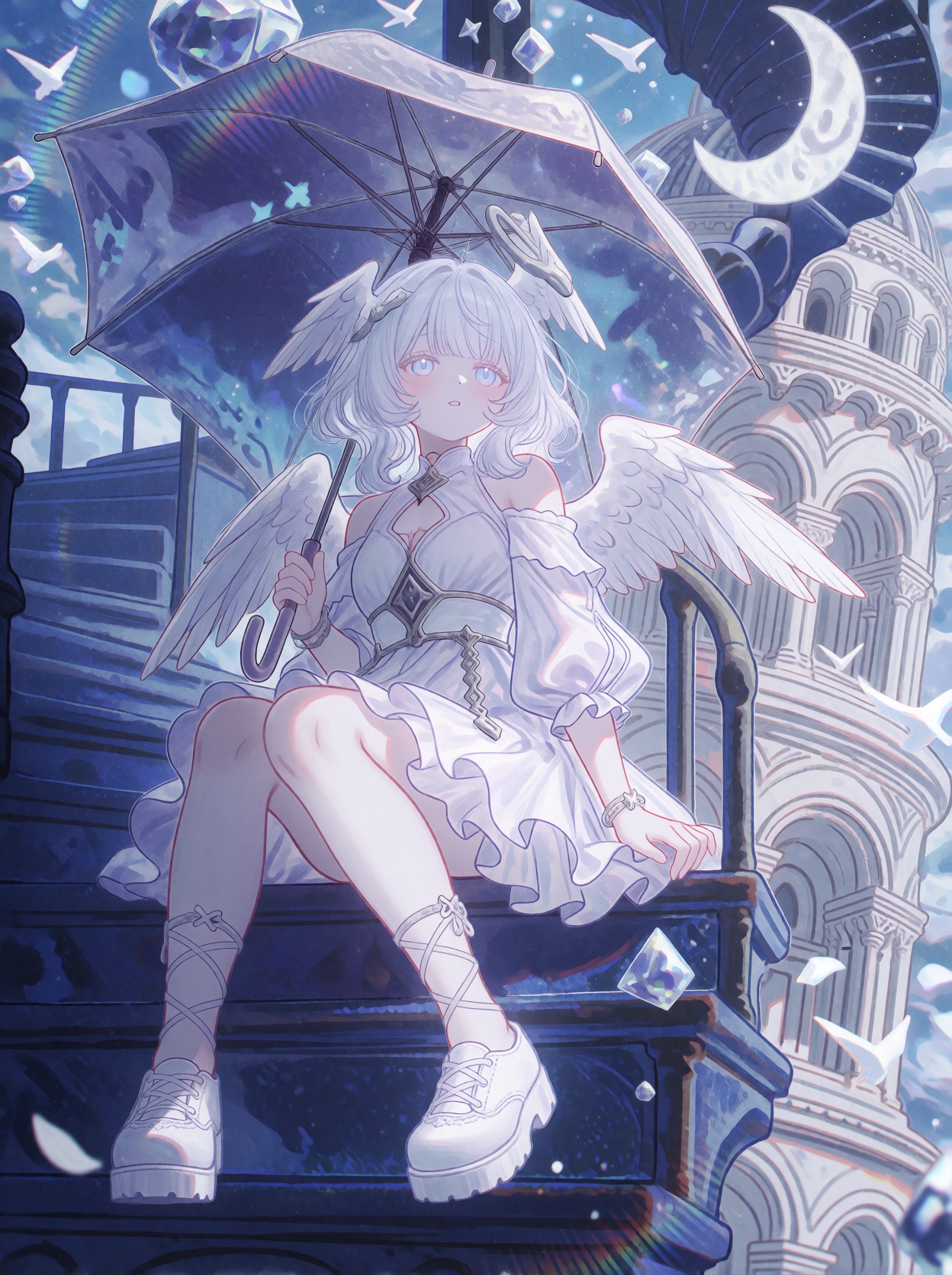 A single young female anime-style humanoid subject with short,  wavy pale lavender or silver-white hair,  straight bangs o...