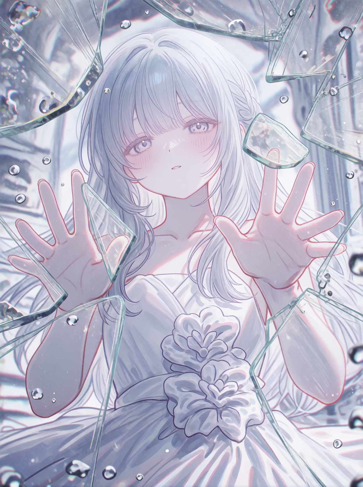 A single young female anime-style human subject with long,  straight,  pale silvery-white hair on Tensor.Art