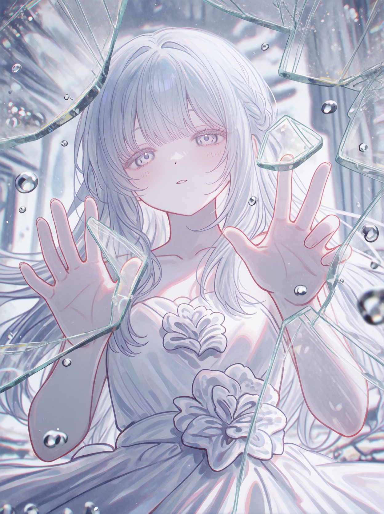 A single young female anime-style human subject with long,  straight,  pale silvery-white hair on Tensor.Art