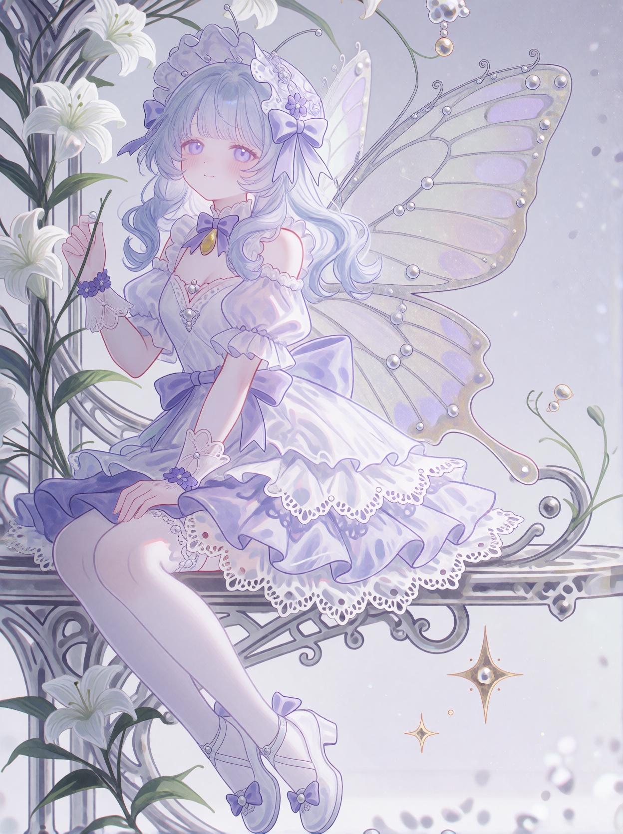A single young female anime-style fairy-like human subject with long,  wavy,  pale lavender and silver-white hair on Tenso...