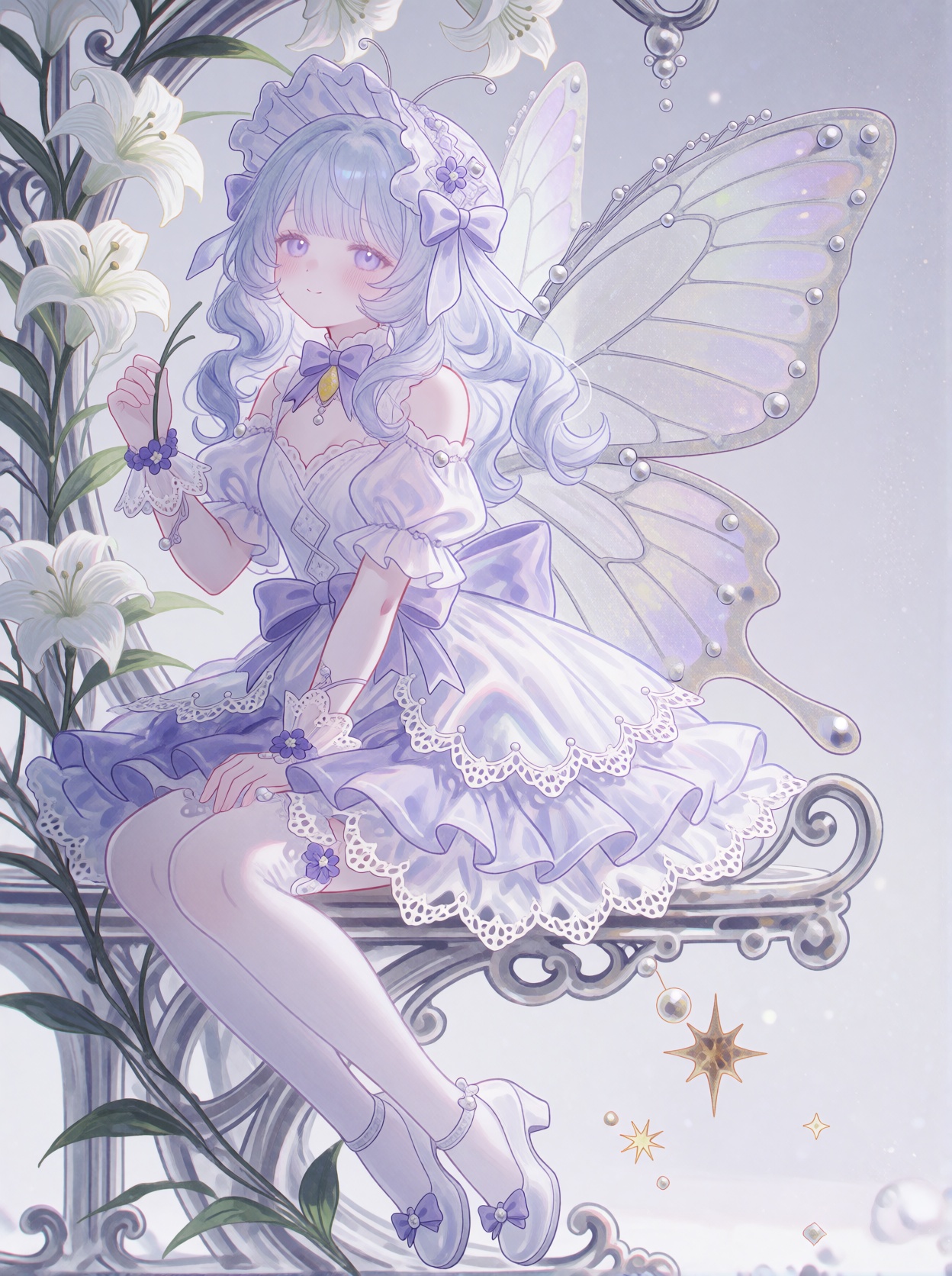 A single young female anime-style fairy-like human subject with long,  wavy,  pale lavender and silver-white hair on Tenso...