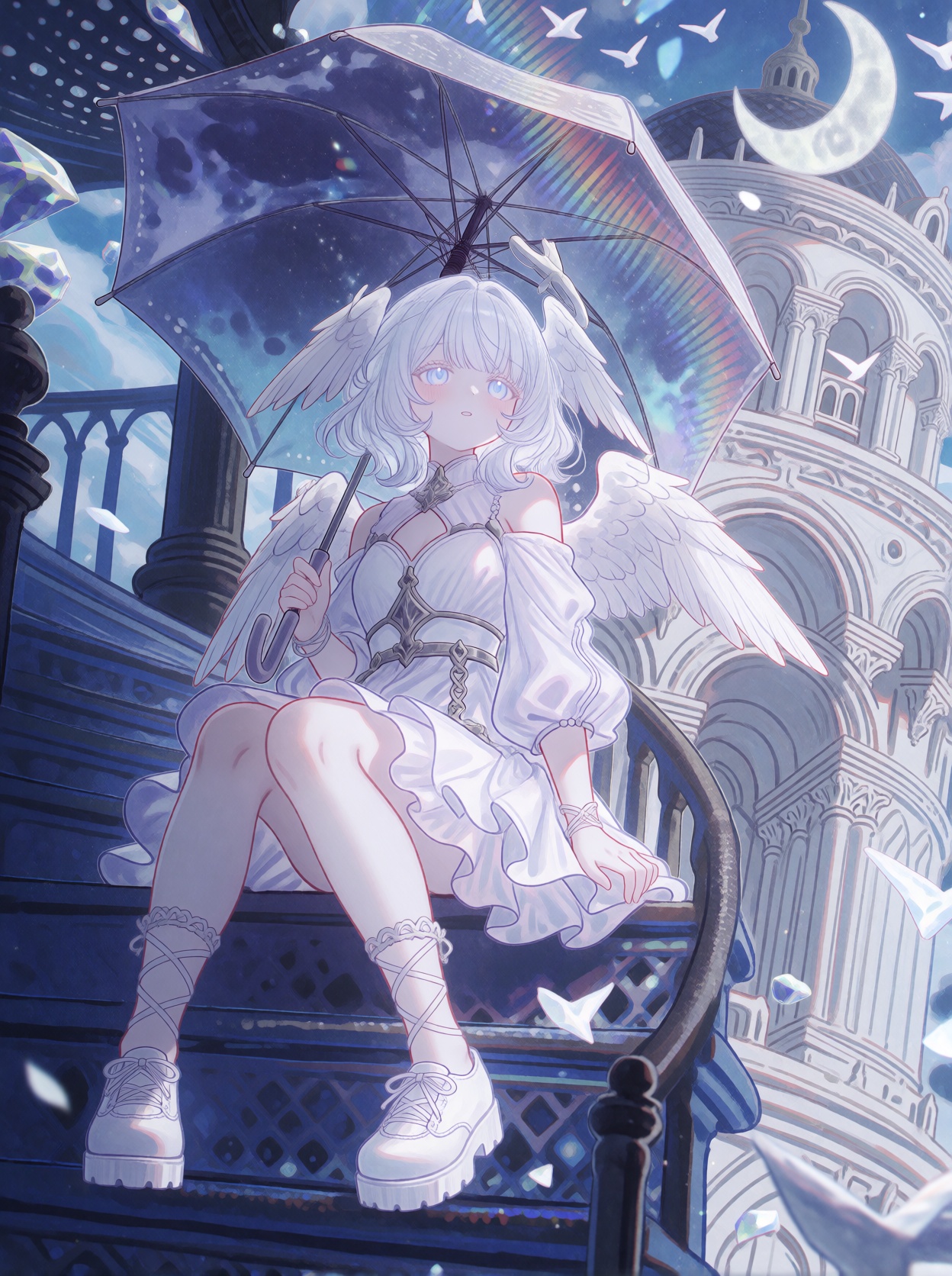 A single young female anime-style humanoid subject with short,  wavy pale lavender or silver-white hair,  straight bangs o...