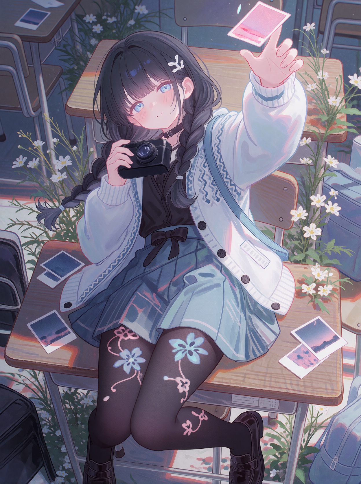 A single young female anime-style human subject with long,  dark brown or black hair featuring a prominent side braid on t...