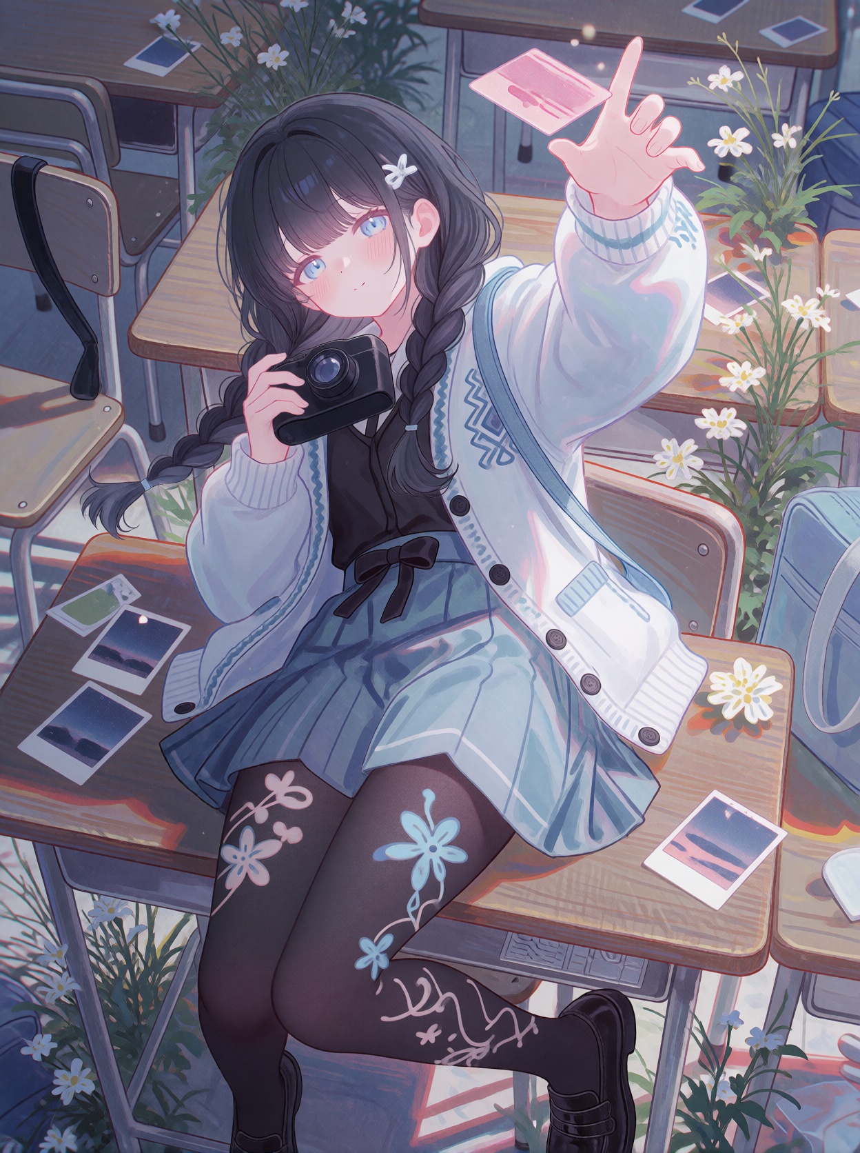 A single young female anime-style human subject with long,  dark brown or black hair featuring a prominent side braid on t...