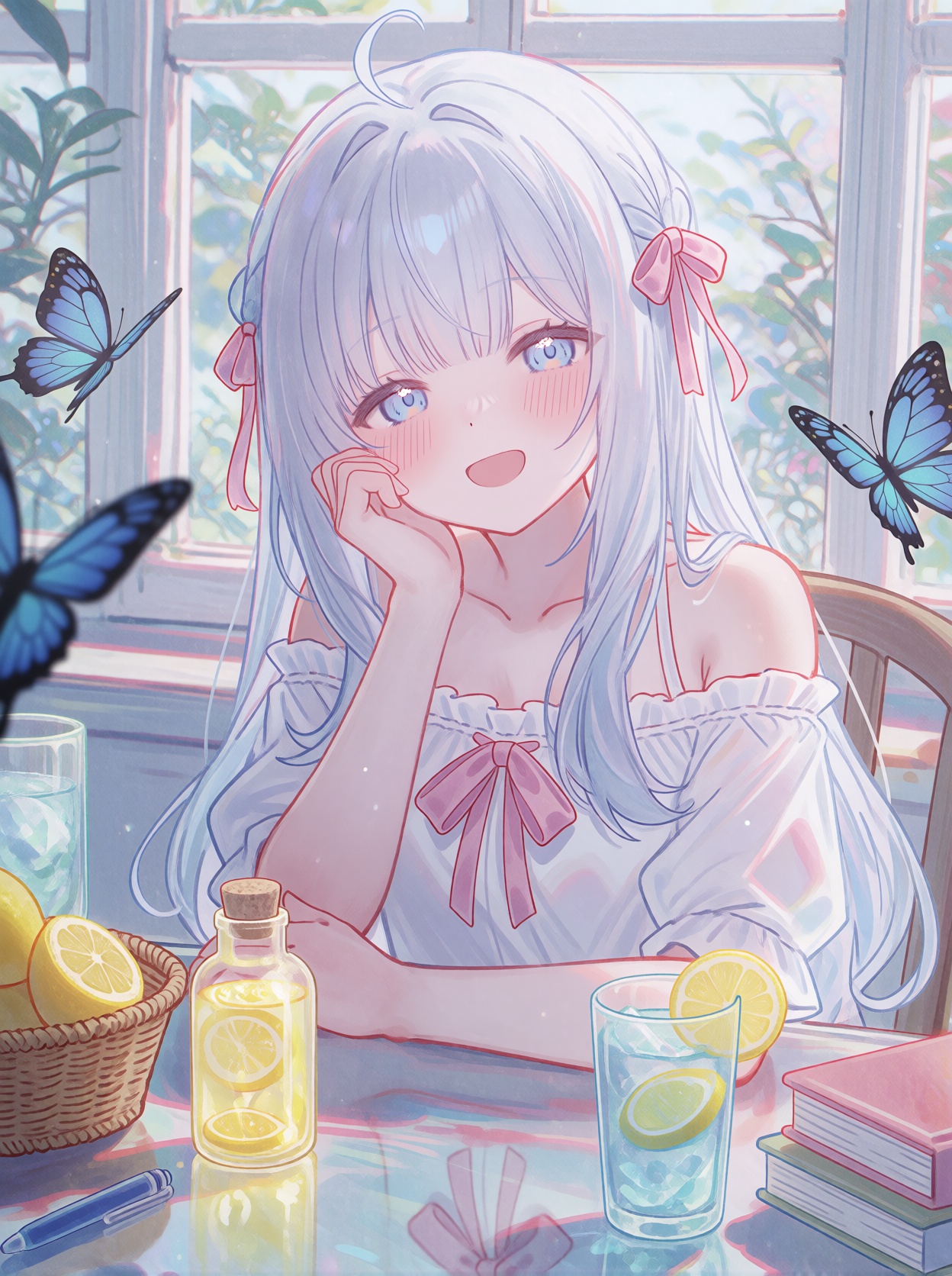 A single young female anime-style human subject with long,  straight silvery-white hair,  straight bangs on Tensor.Art