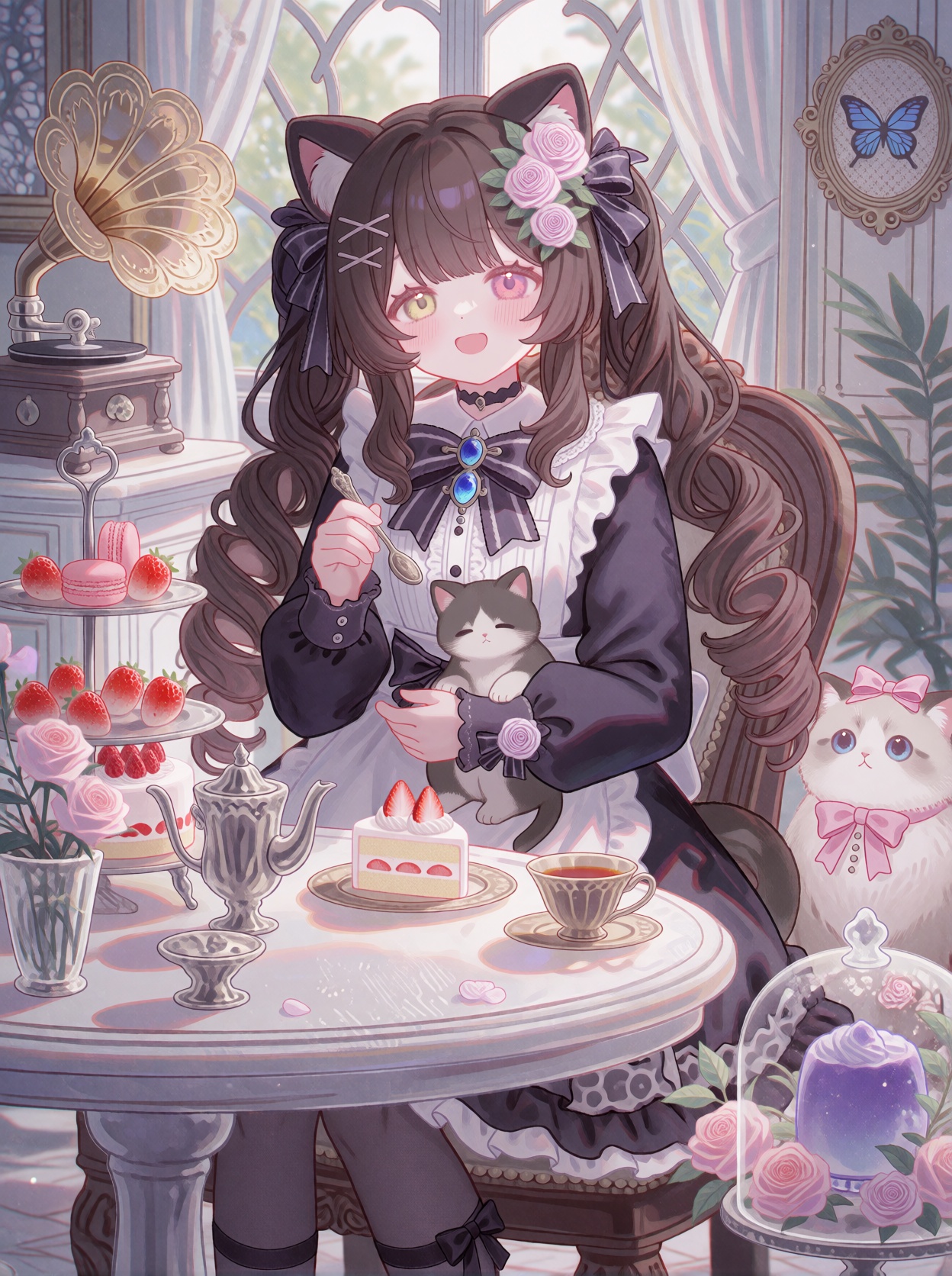 A single young female anime-style human subject with long,  wavy brown hair styled with twin pigtails,  dark ribbon bows o...