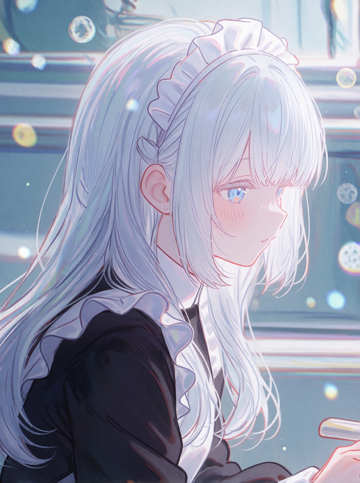 A single young ***** female anime-style human subject with long,  straight,  silvery-white hair and straight bangs on Tens...