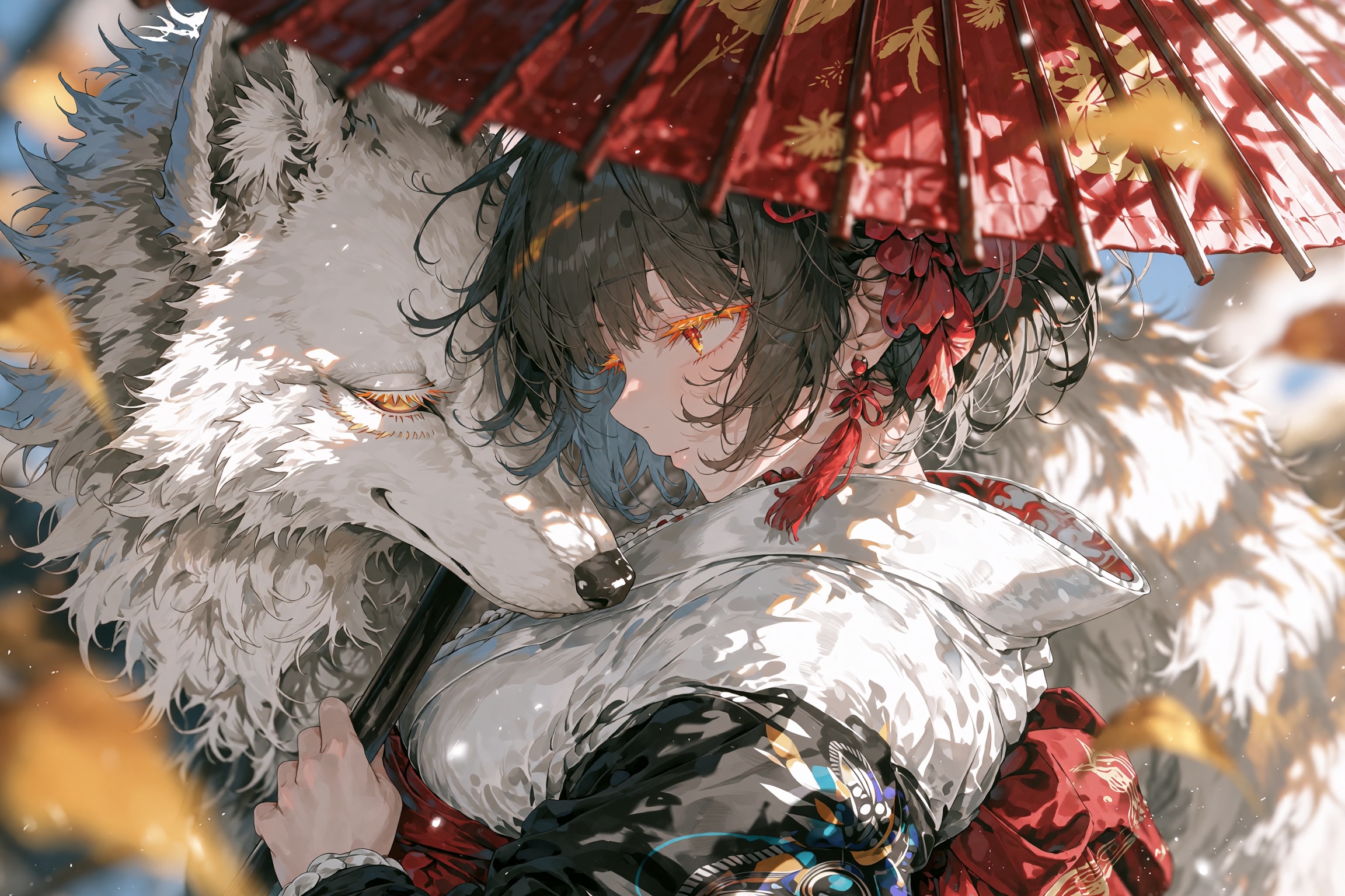 Painterly anime scene viewed through the red wooden ribs of a traditional Japanese wagasa umbrella,  a serene young woman...