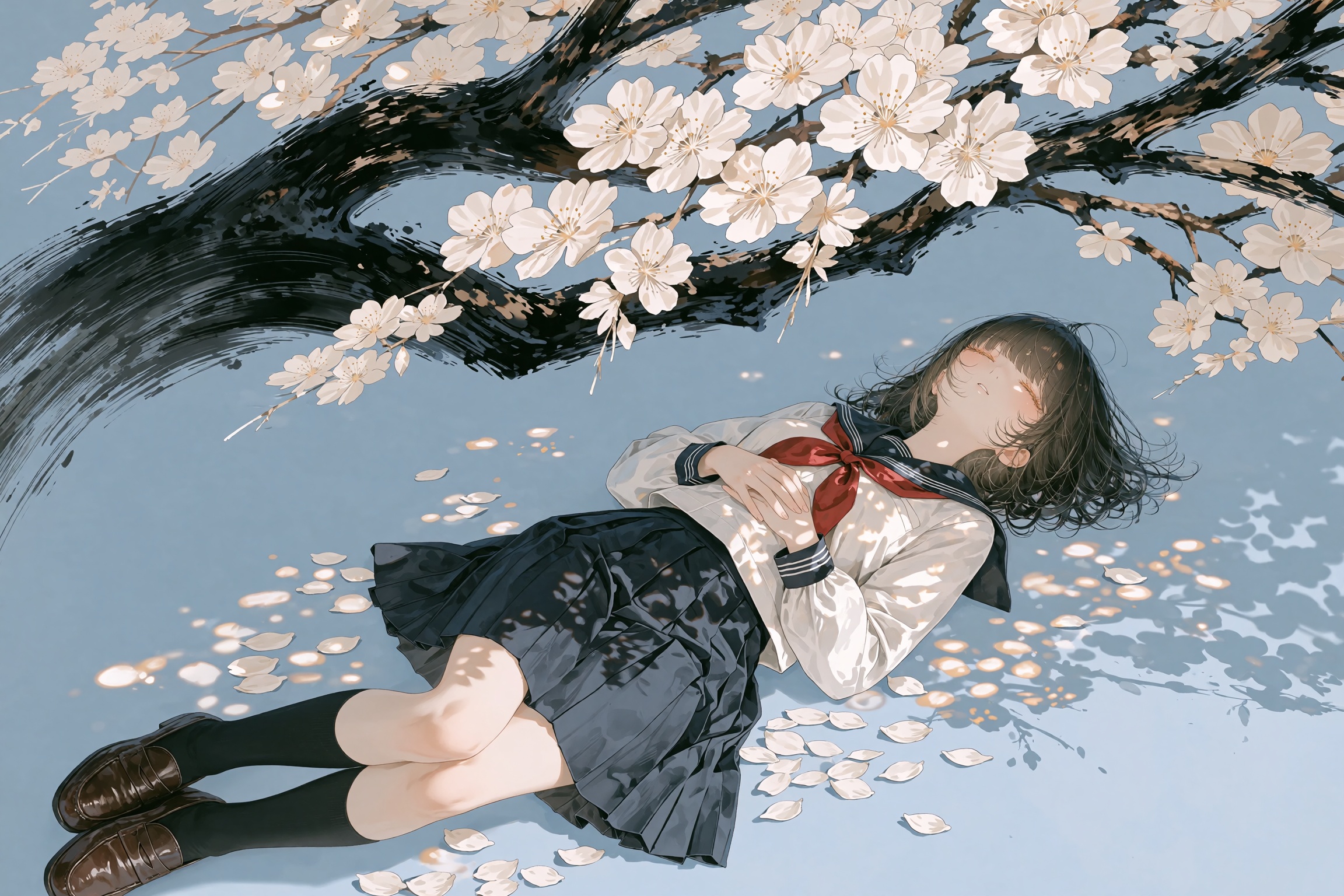 A young woman sleeps on a minimalist pale blue ground beneath sprawling tree branches. She wears a white sailor blouse,  r...