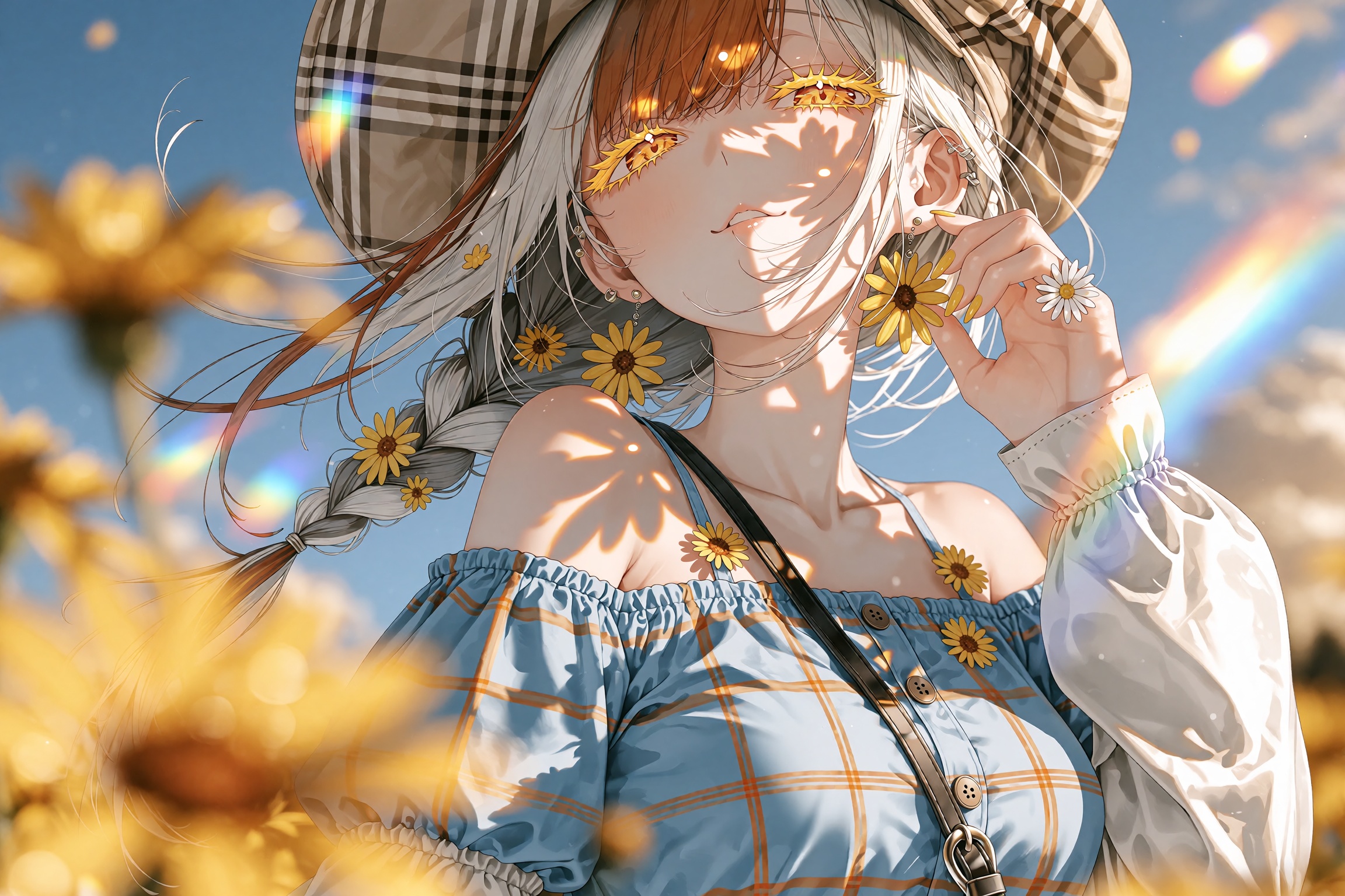 A dreamy anime girl standing in a sun-drenched summer field,  looking upward with parted lips and a wistful expression. Sh...