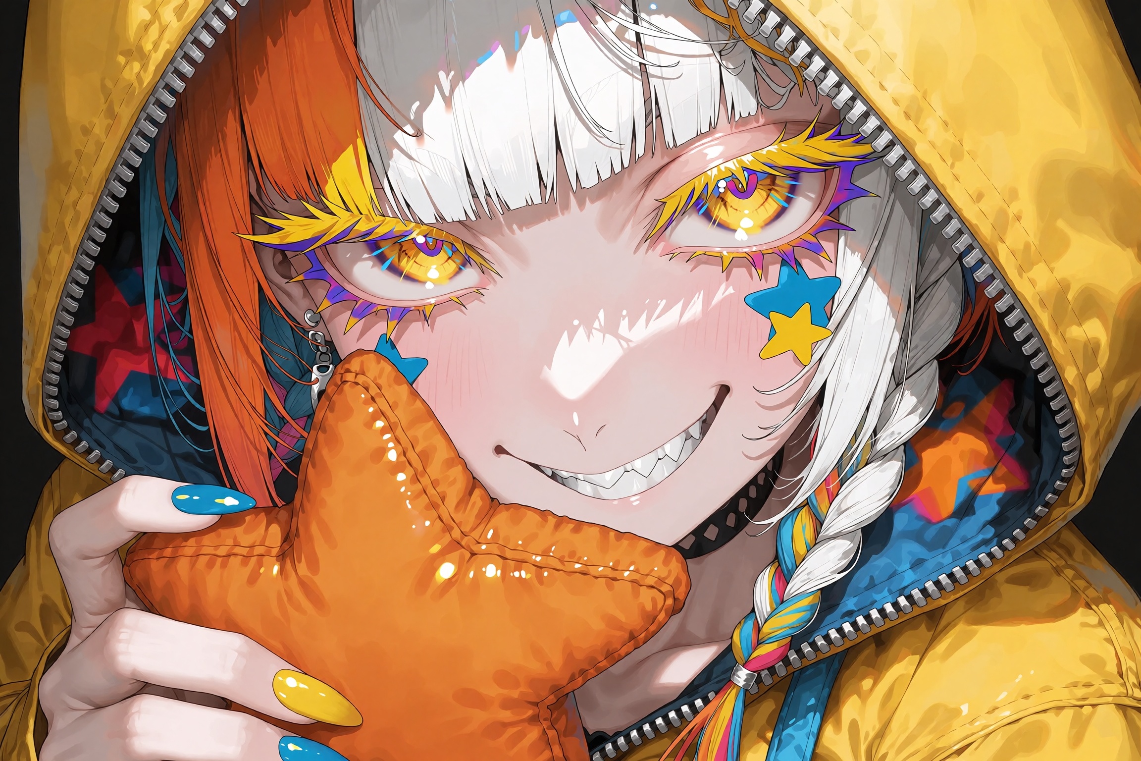 Close-up portrait of a stylish anime girl with a mischievous grin and sharp teeth,  wearing a bright yellow hoodie with th...