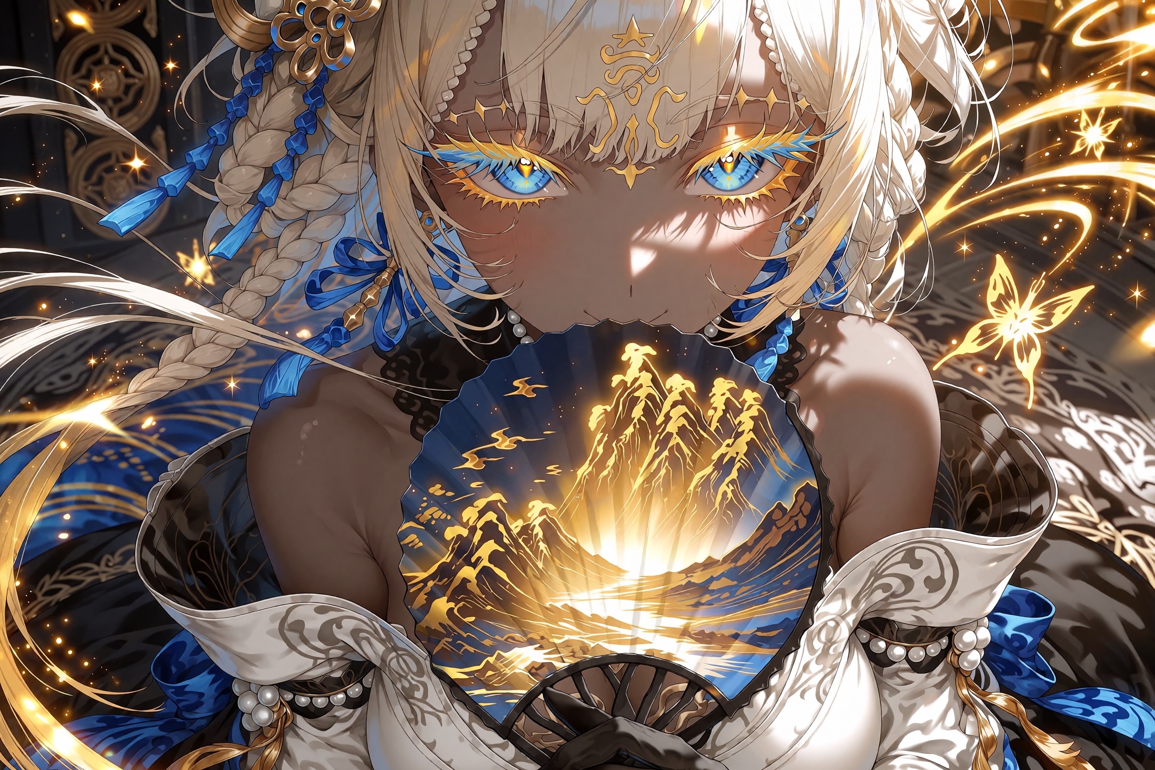 Close-up anime portrait of an elegant fantasy character with long flowing platinum-blonde hair adorned with ornate golden...