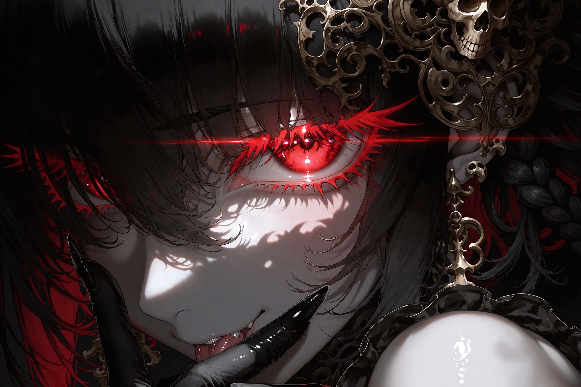 Extreme close-up dark fantasy portrait of a mysterious pale-skinned woman,  long raven-black hair cascading across her fac...