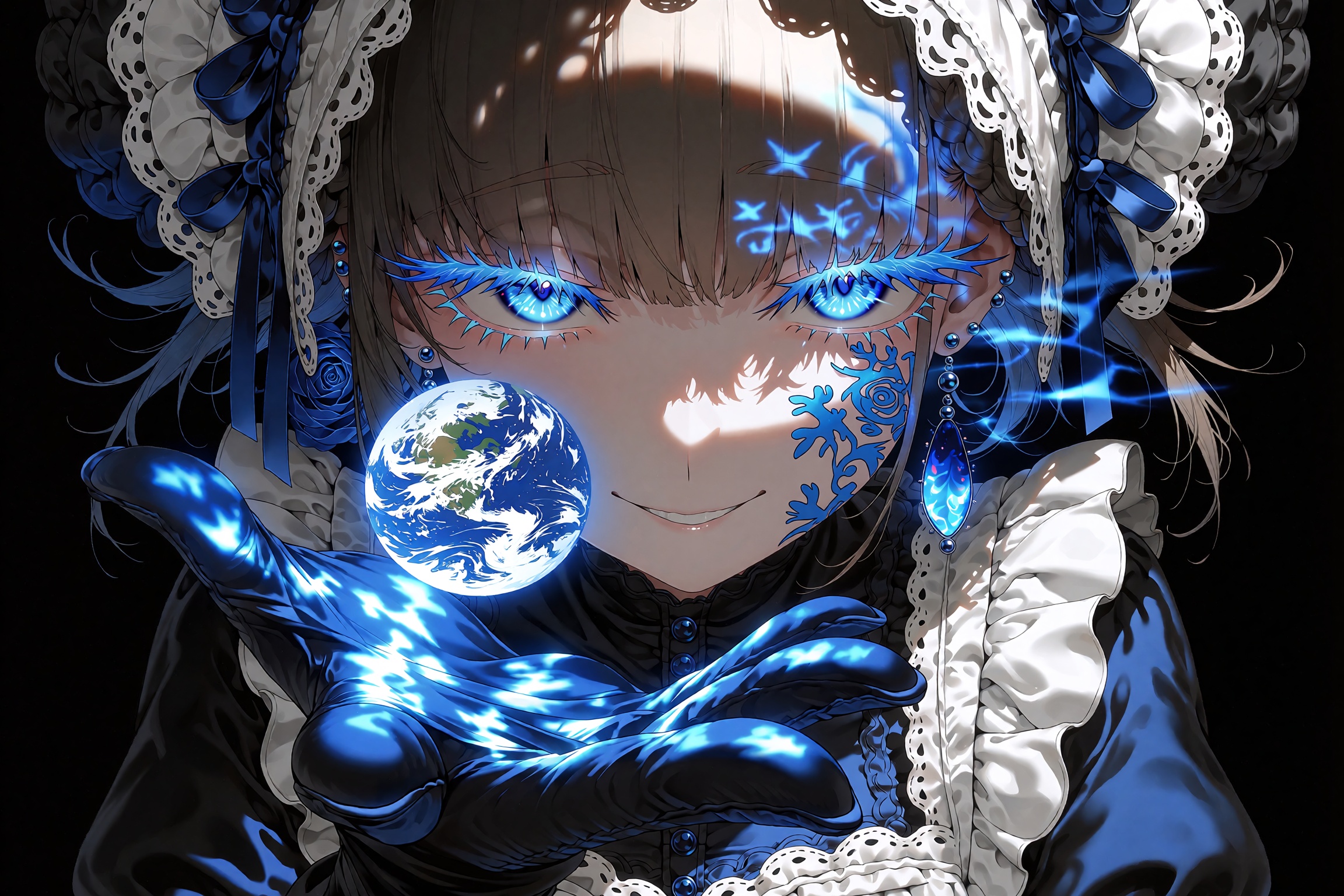A mysterious anime girl in an elegant Victorian gothic lolita dress,  reaching her hand out toward the viewer with an enig...