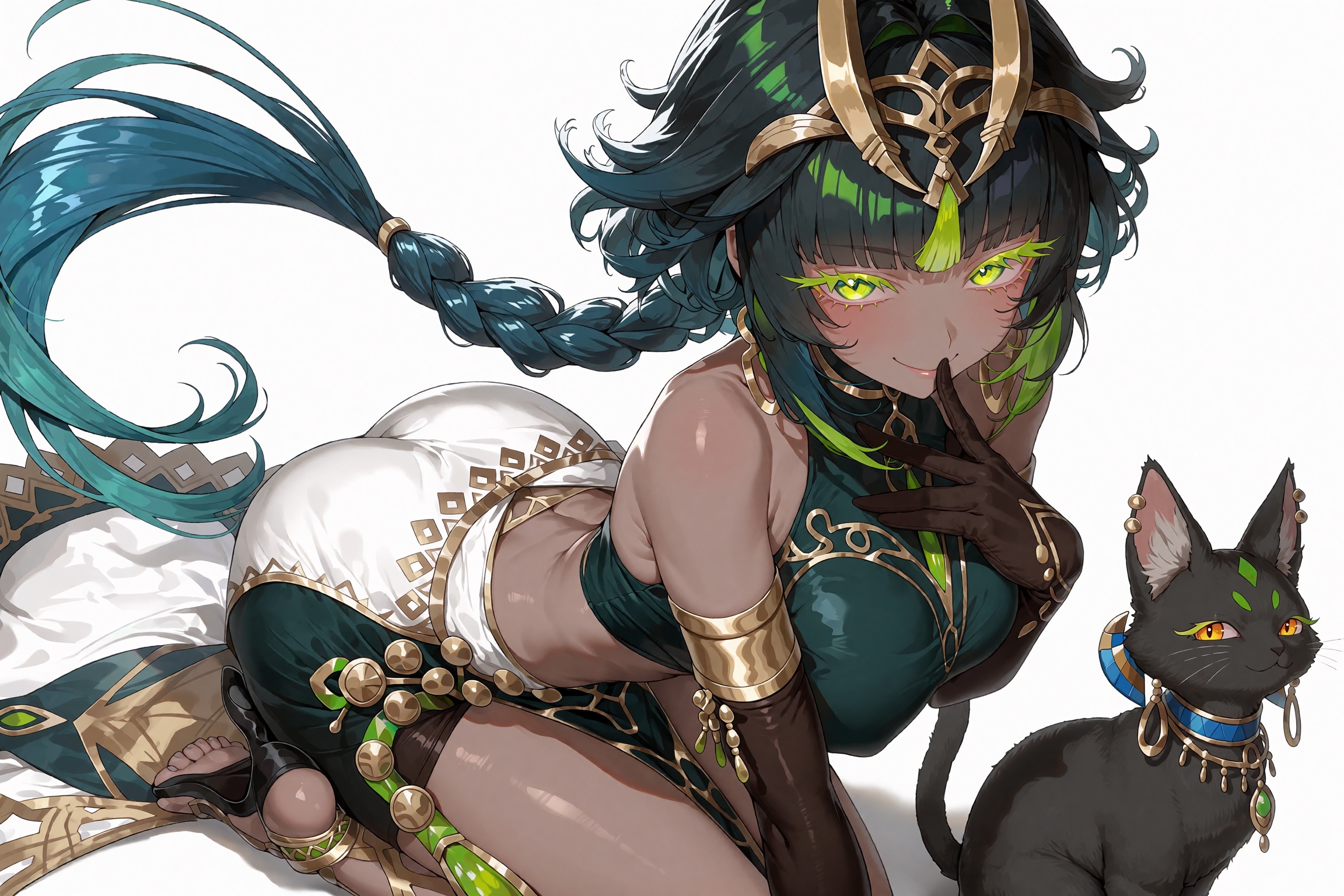 Full-body anime illustration of an elegant dark-skinned woman with short glossy teal-green hair and lighter emerald highli...