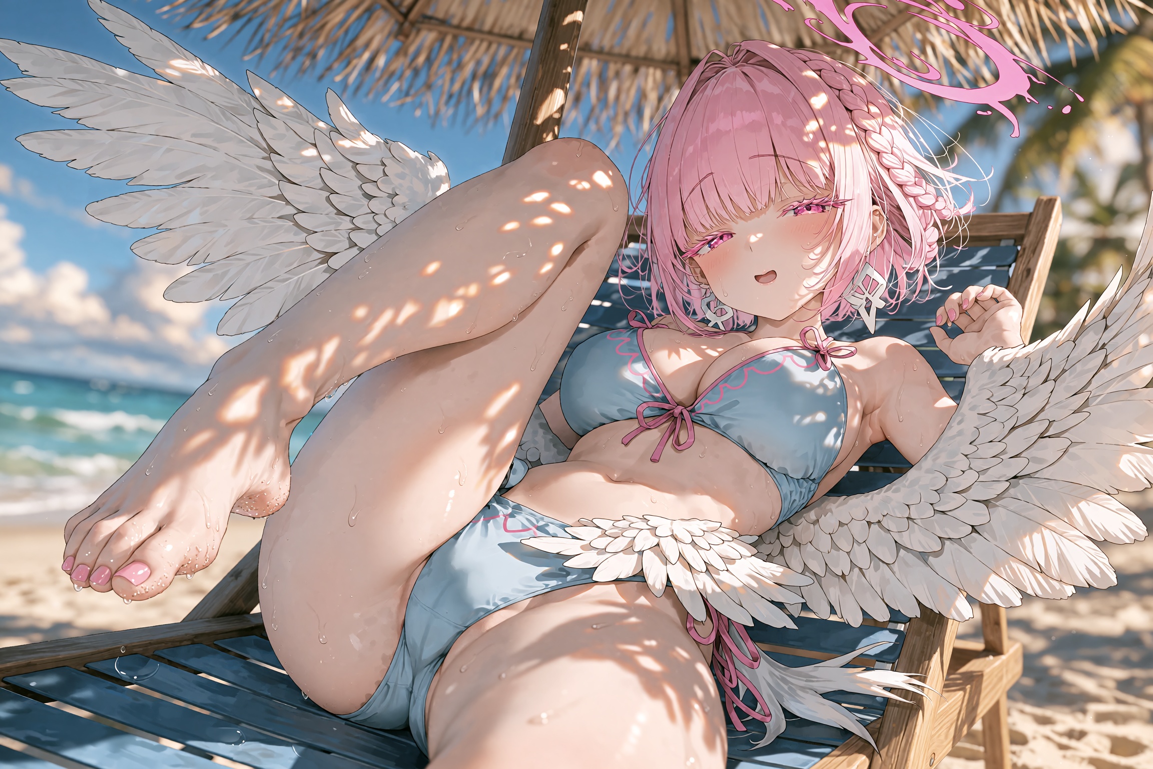A playful pink-haired angel girl lounging on a striped beach chair under a straw thatched umbrella at a sunny tropical bea...