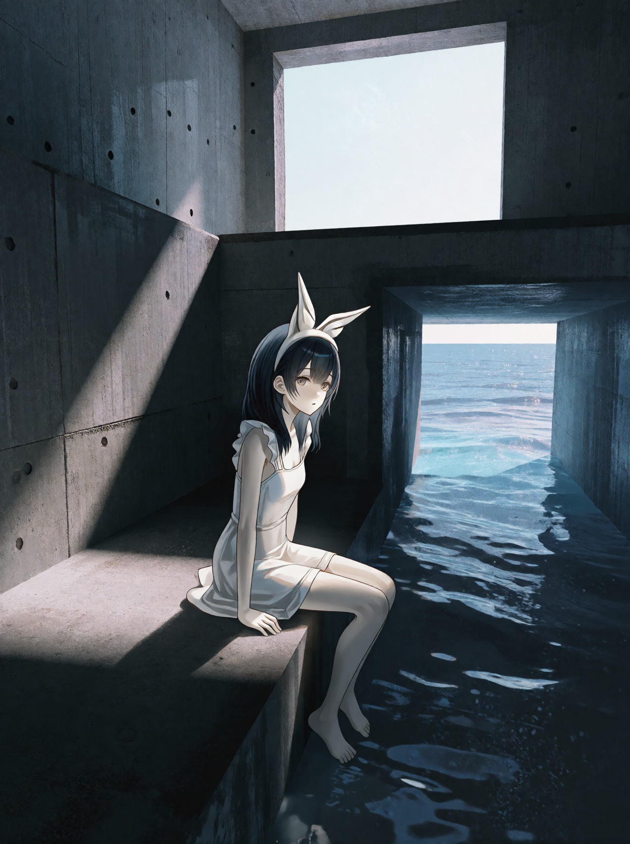 A single young female anime-style human subject sitting on a concrete ledge inside a dimly lit,  flooded concrete structur...