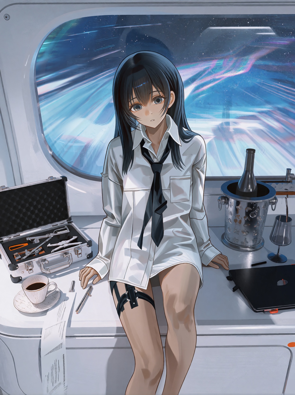 A single young ***** female anime-style human subject with long dark hair,  straight bangs,  dark eyes on Tensor.Art