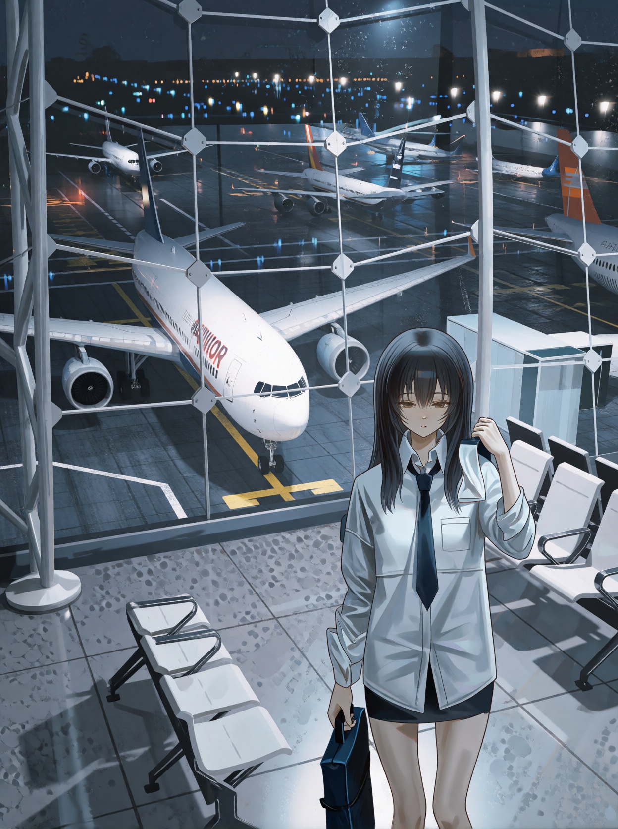 A single young ***** female anime-style human subject standing in the foreground on the right side of the frame. She has l...